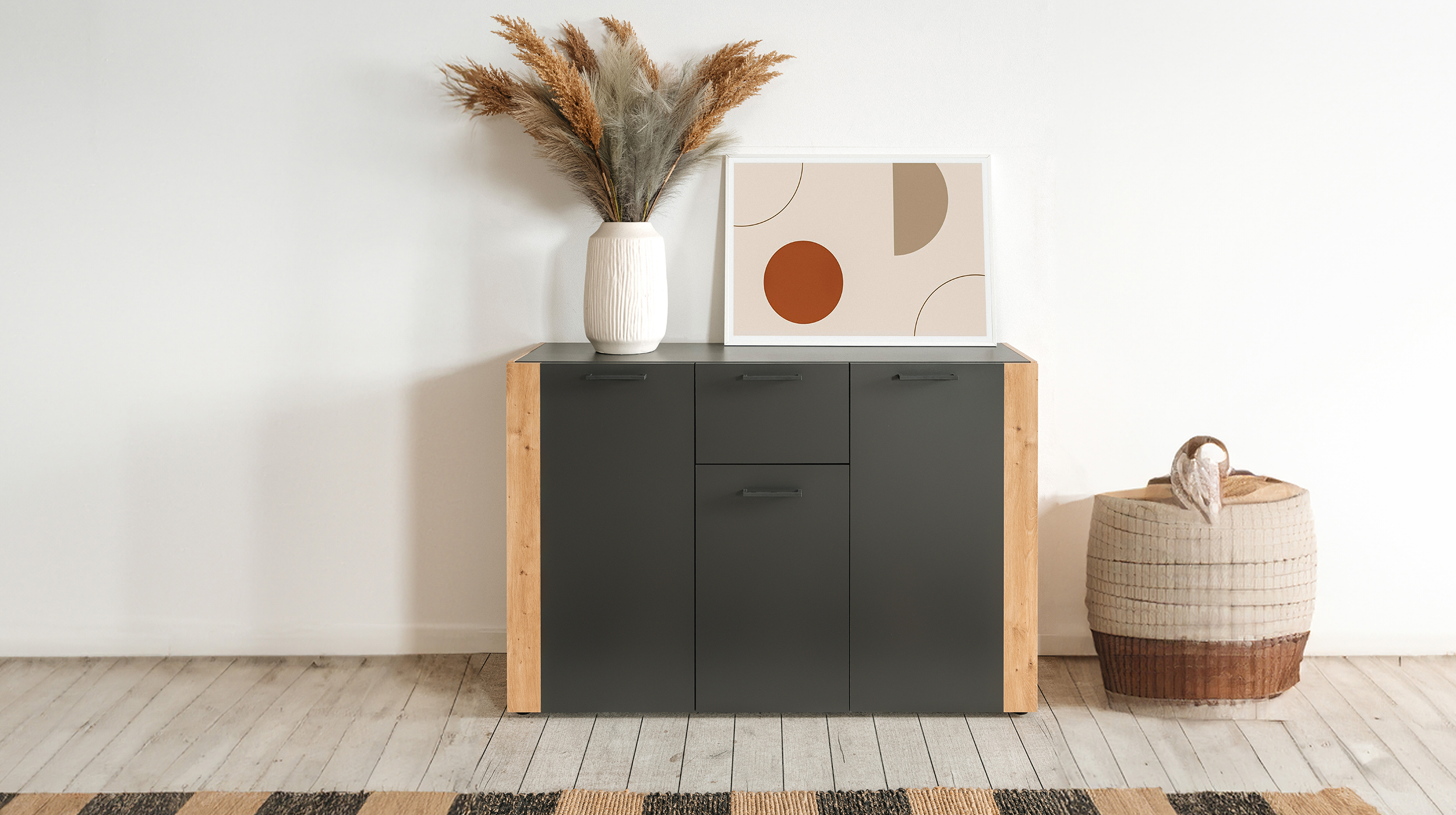 Kommode anthrazit Artisan Eiche 3-türig 125 x 35 cm - CENTO 
