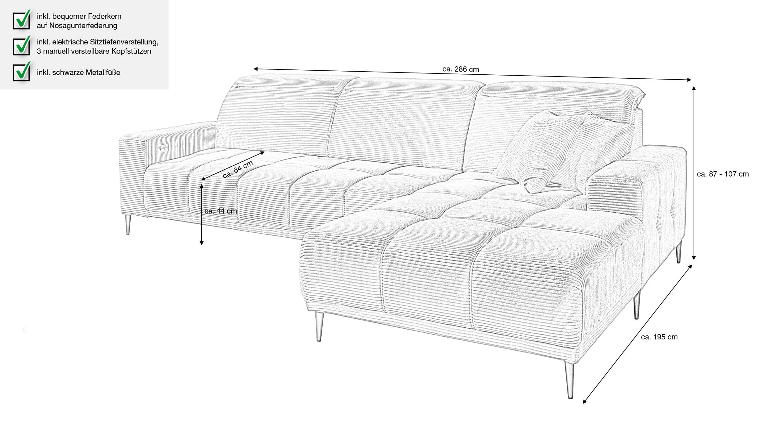 Ecksofa Cord rost 286 x 195 cm - MARISOL