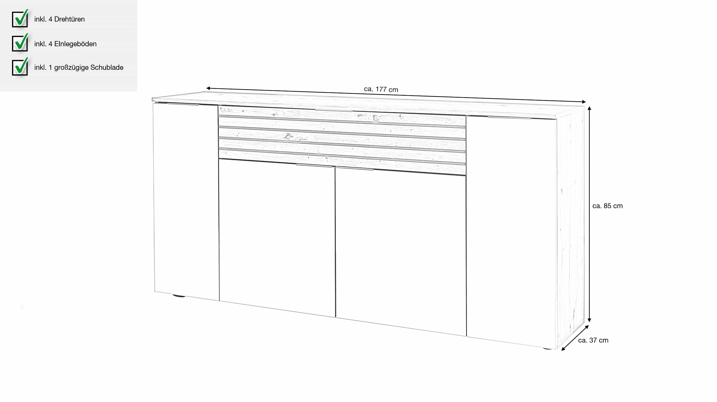 Sideboard mit Schublade weiß - Eiche 177 cm - VAASA