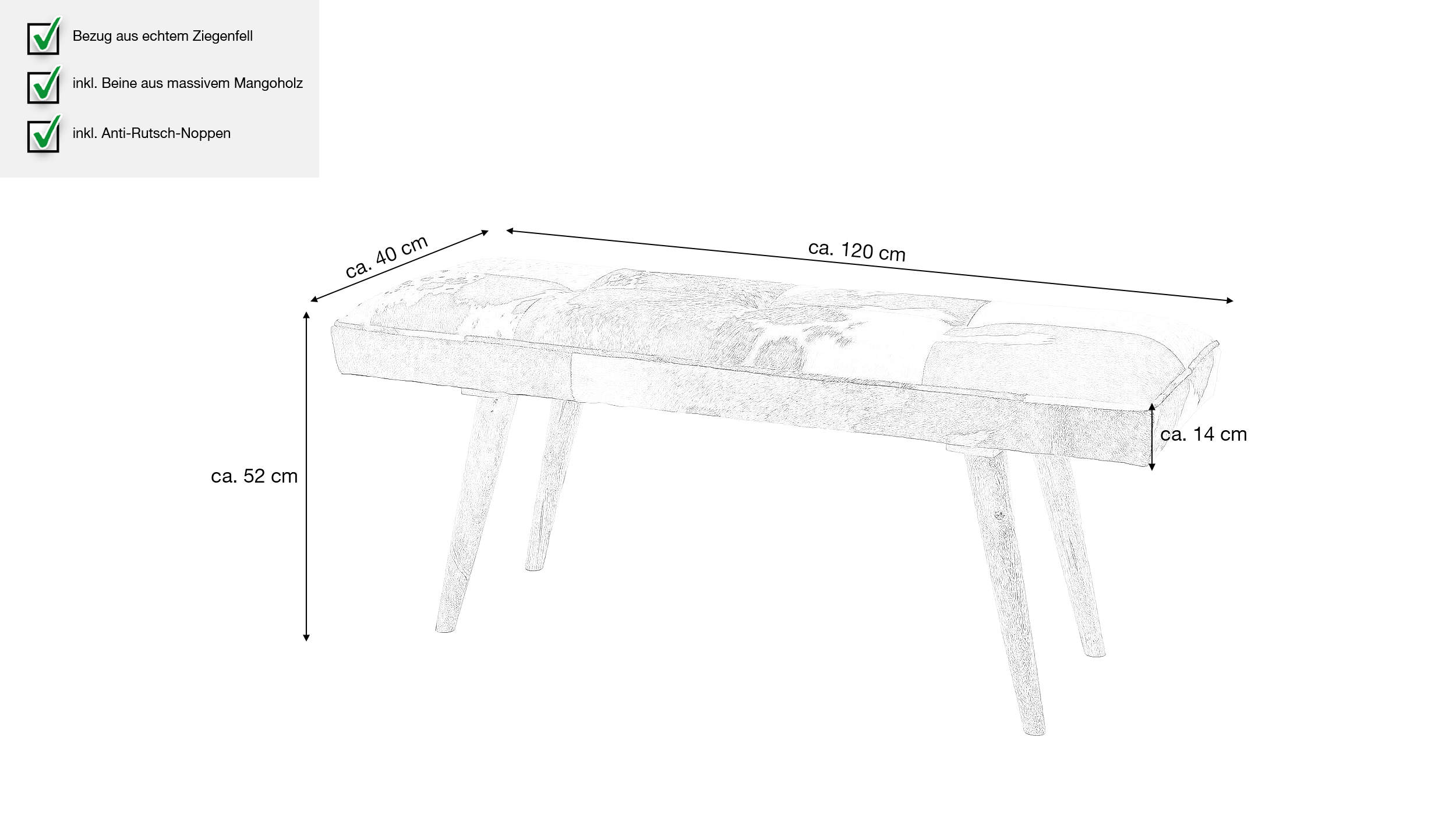 Sitzbank 120 cm echtes Leder Mango massiv lackiert - VIDAR