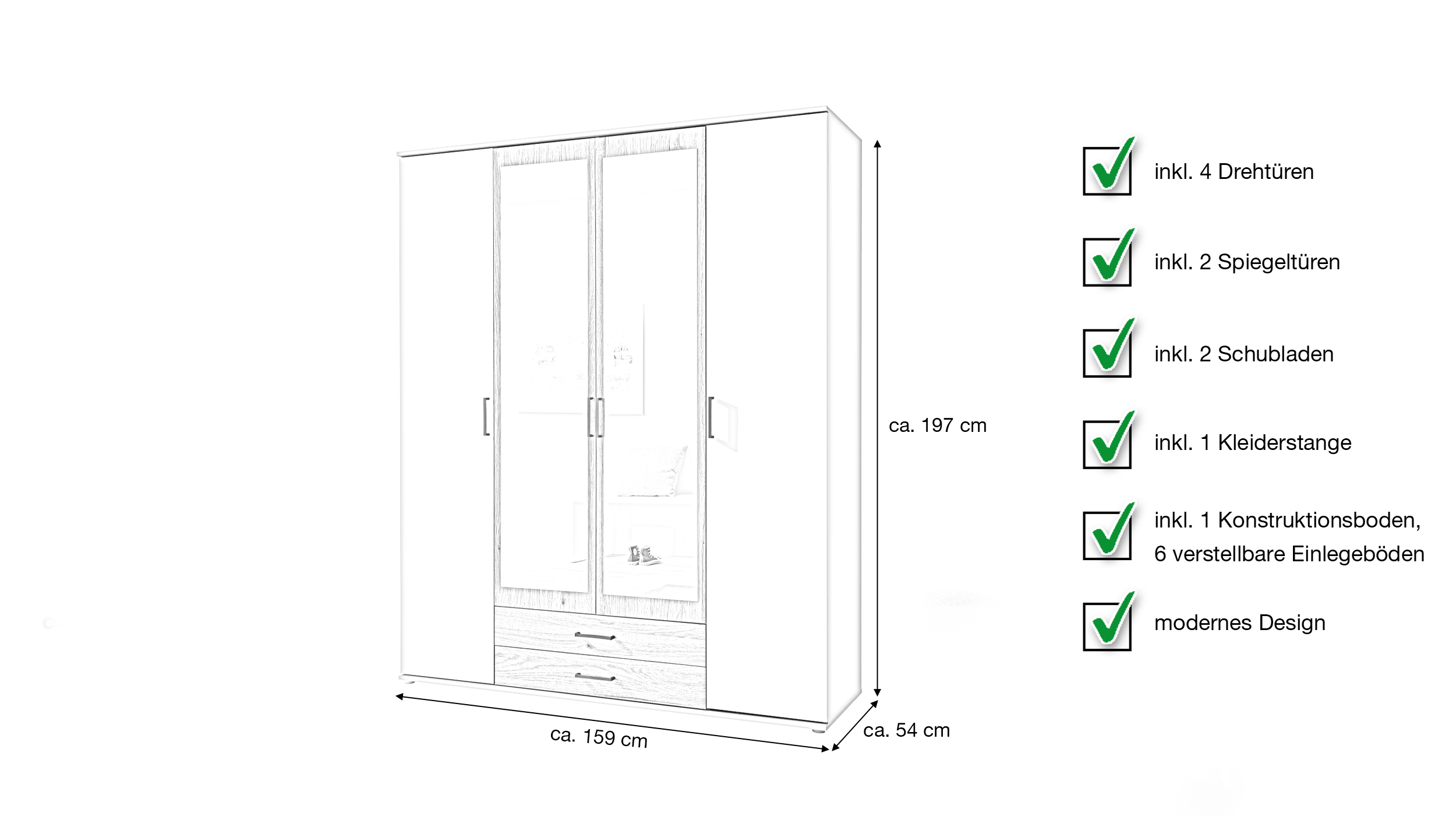 Kleiderschrank mit Spiegel 159 cm - beige - Eiche - 4-türig - CHICAGO