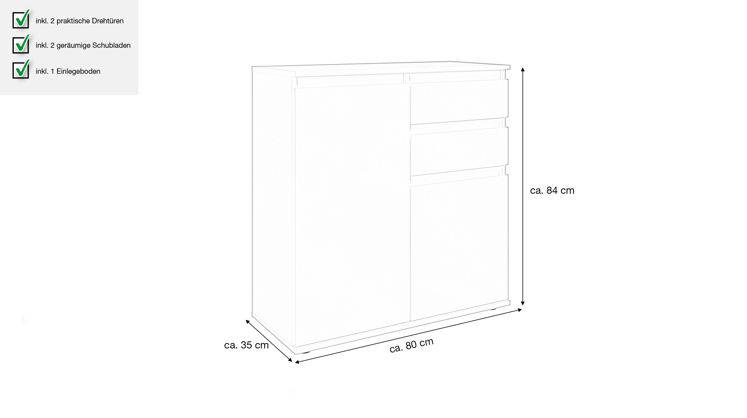 Kommode mit 2 Schubladen weiß 80 x 35 cm - 2-türig - BRESTA