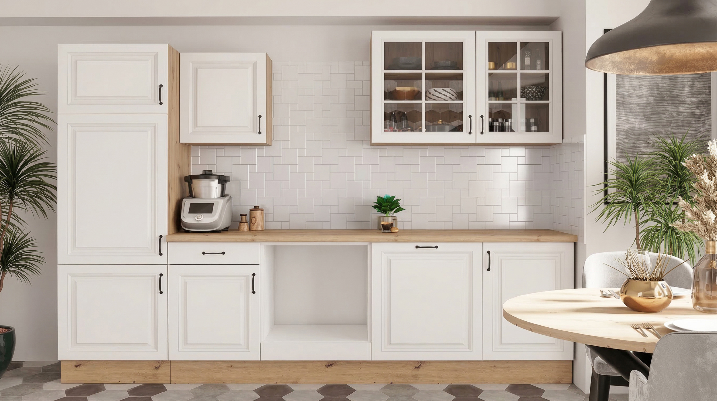 Küchenzeile - weiß matt - Artisan Eiche - 280 cm - ohne Elektrogeräte - STINA 