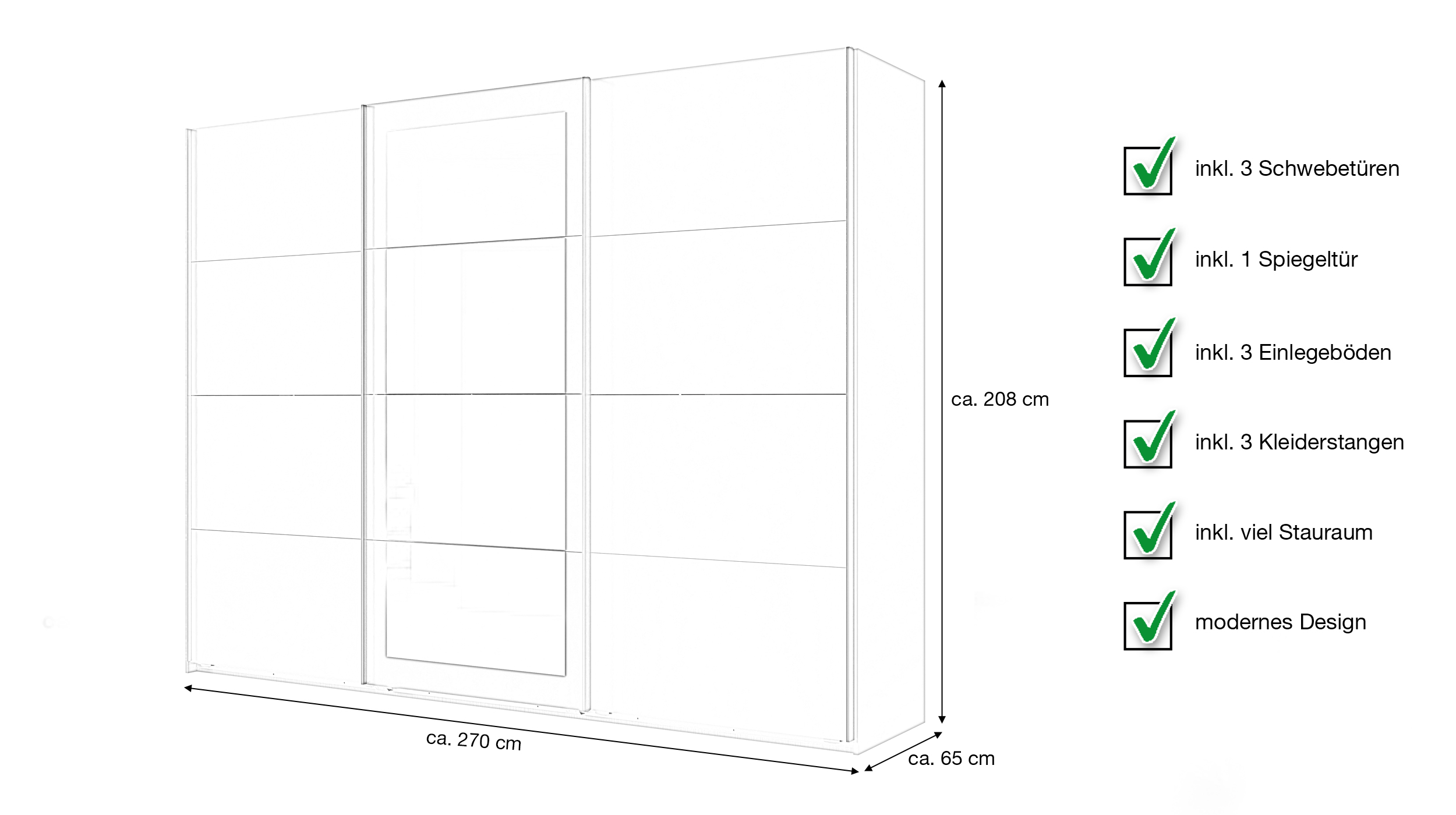 Schwebetürenschrank grau - graphit mit Spiegel 270 cm 3-türig - MINDEN