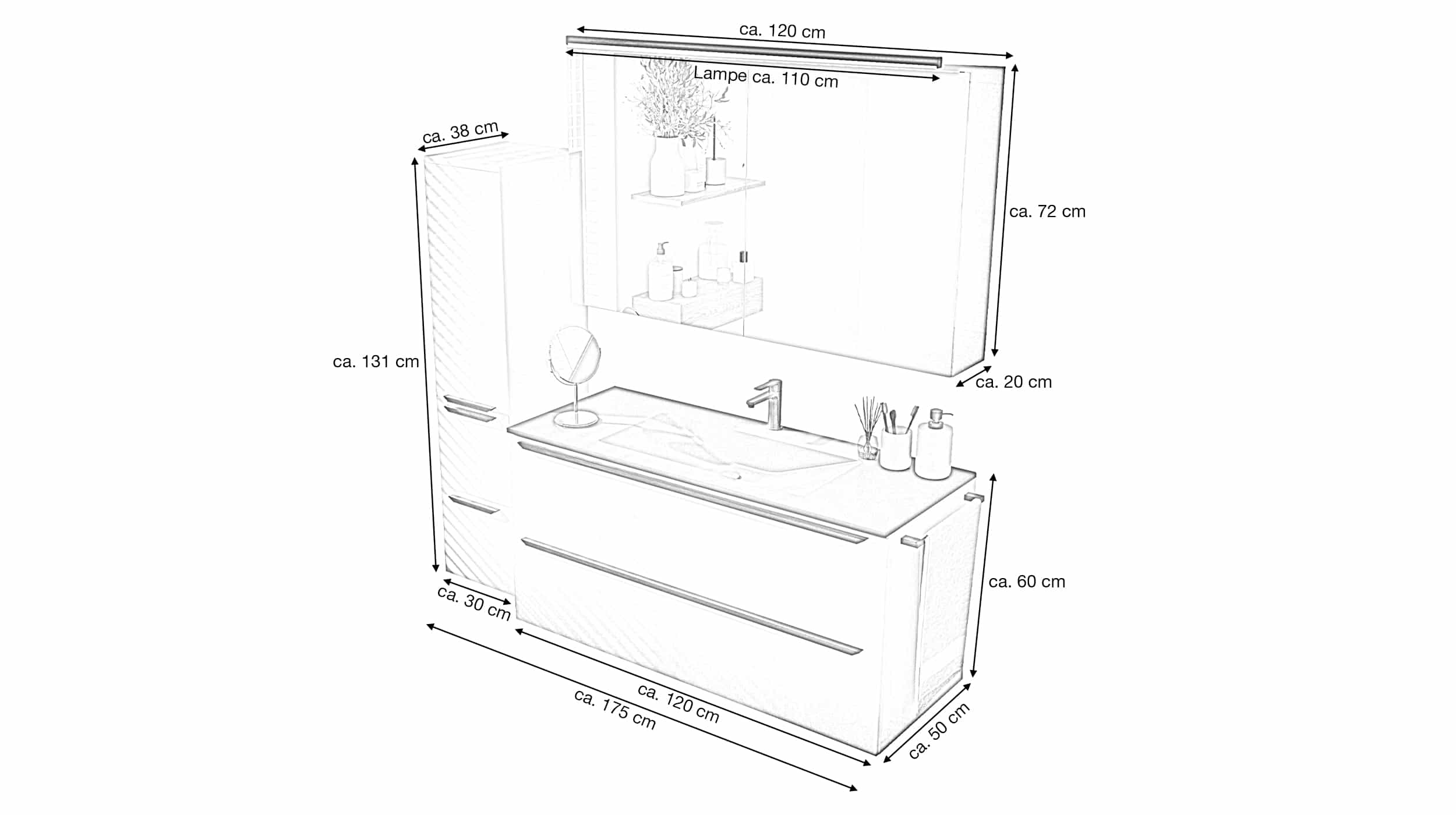 Badmöbelset Spiegelschrank hochglanz weiß 120 cm Waschbecken - FERNANDA