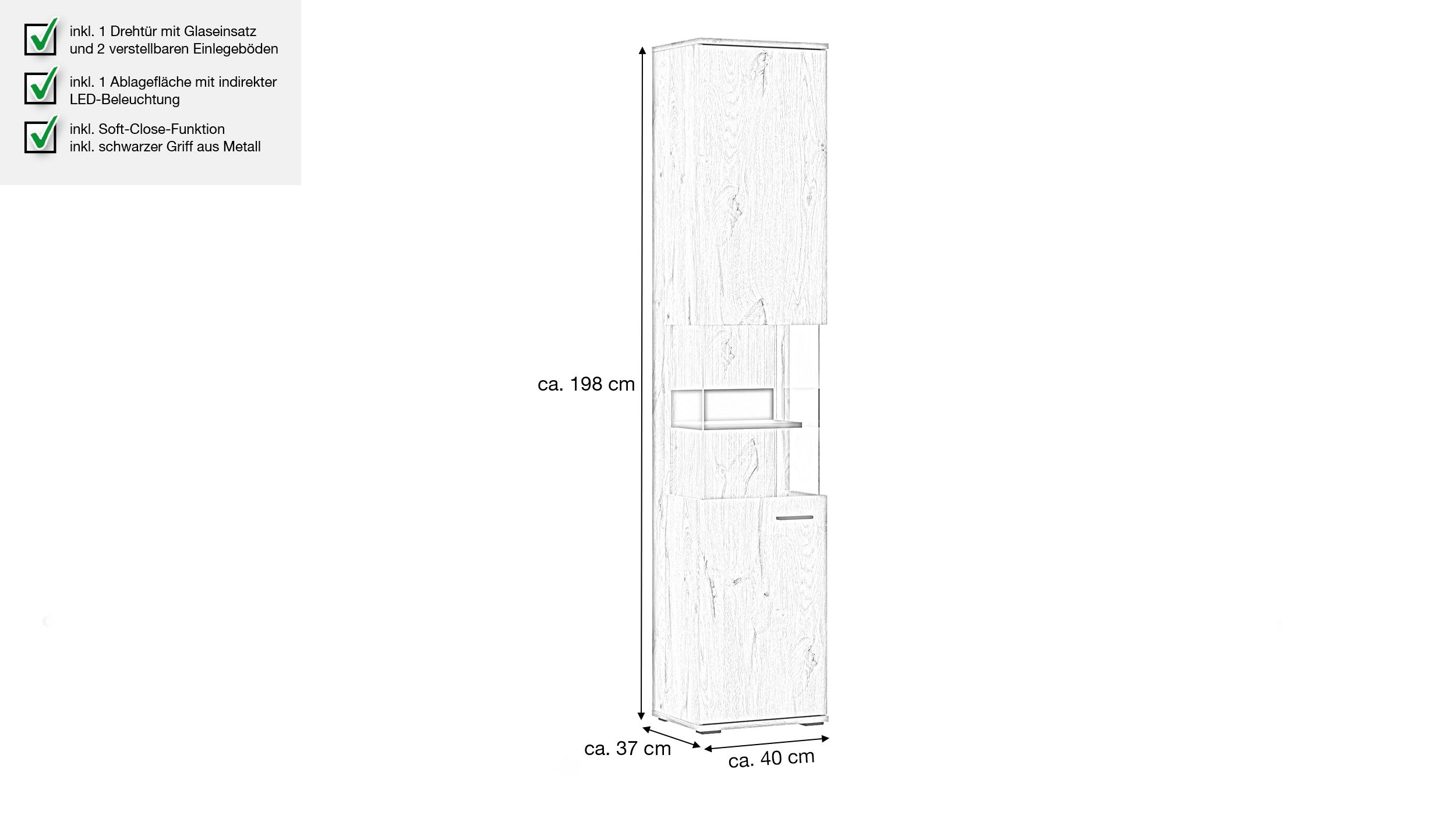 Vitrine mit Beleuchtung Viking Eiche Breite 40 cm - PARDOO