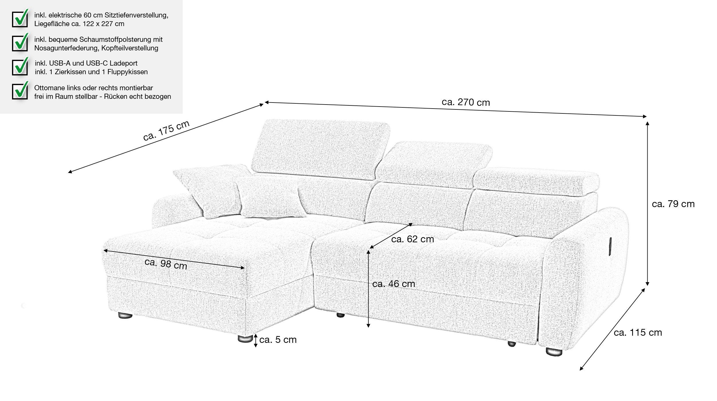 Ecksofa elektrisch ausfahrbar beige 270 cm - MOVE