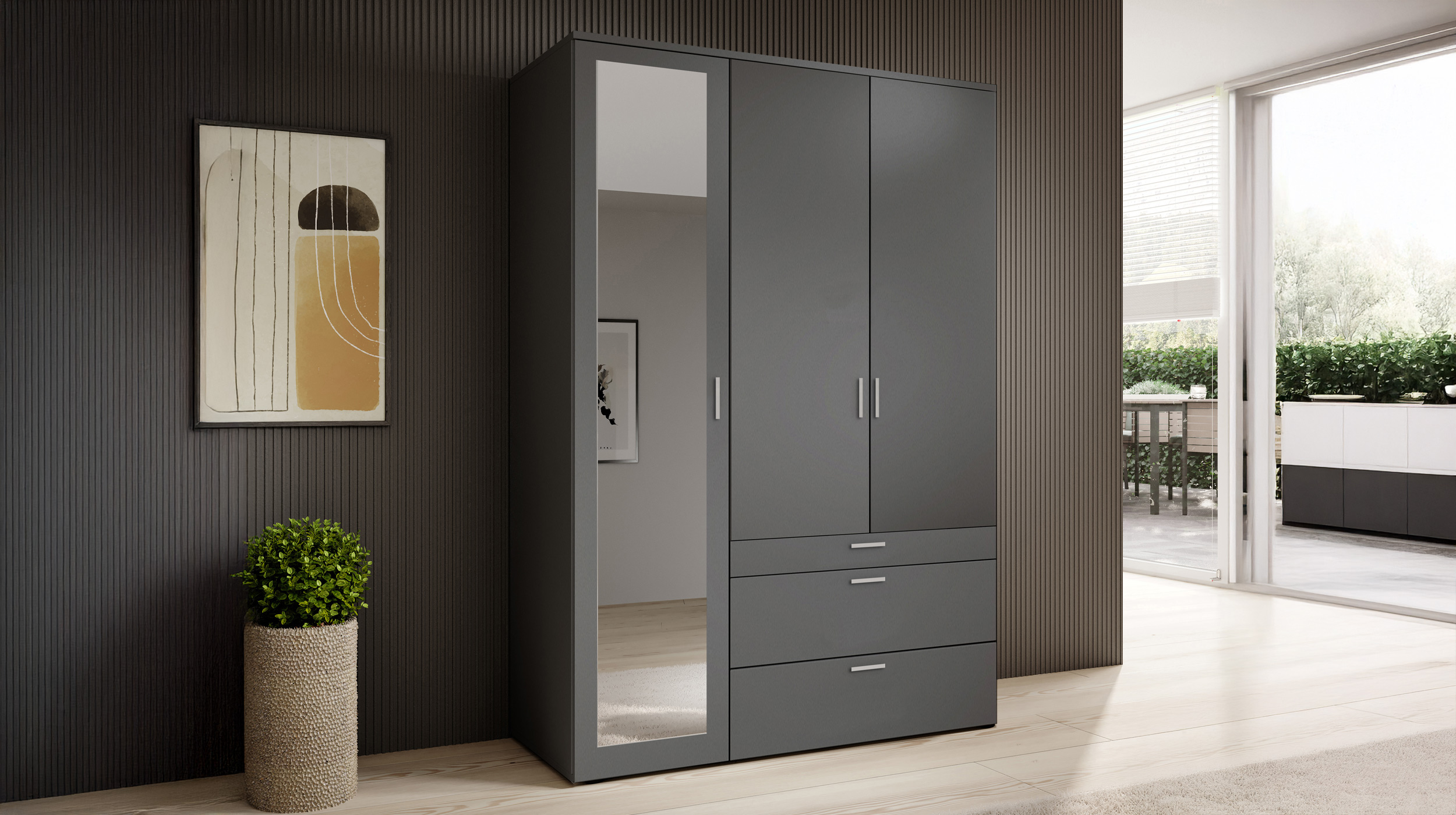 Kleiderschrank graphit mit Spiegel - 135 cm - 3-türig - VESALA