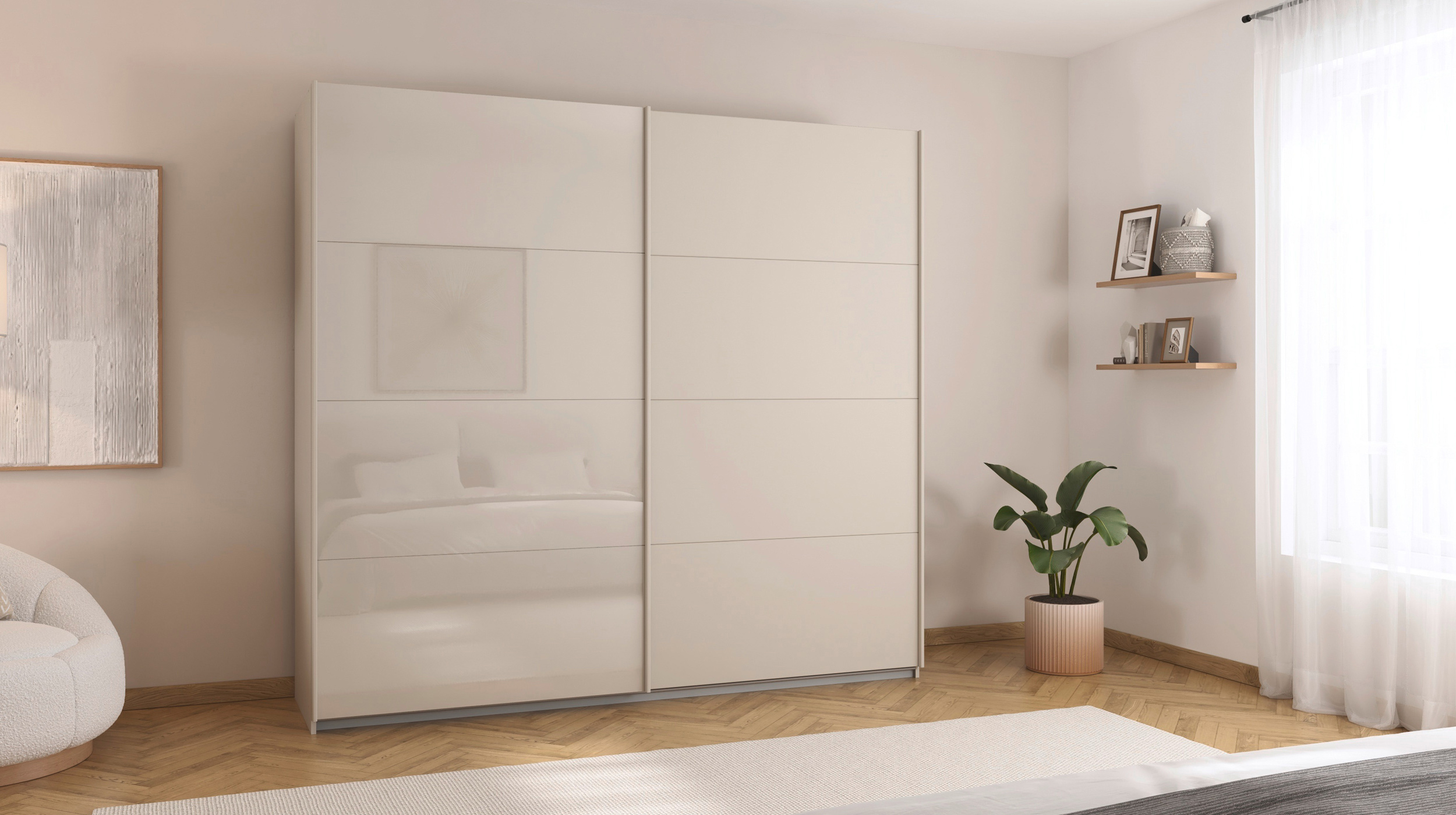 Schwebetürenschrank beige Glas 226 cm 2-türig - rauch - QUADRA