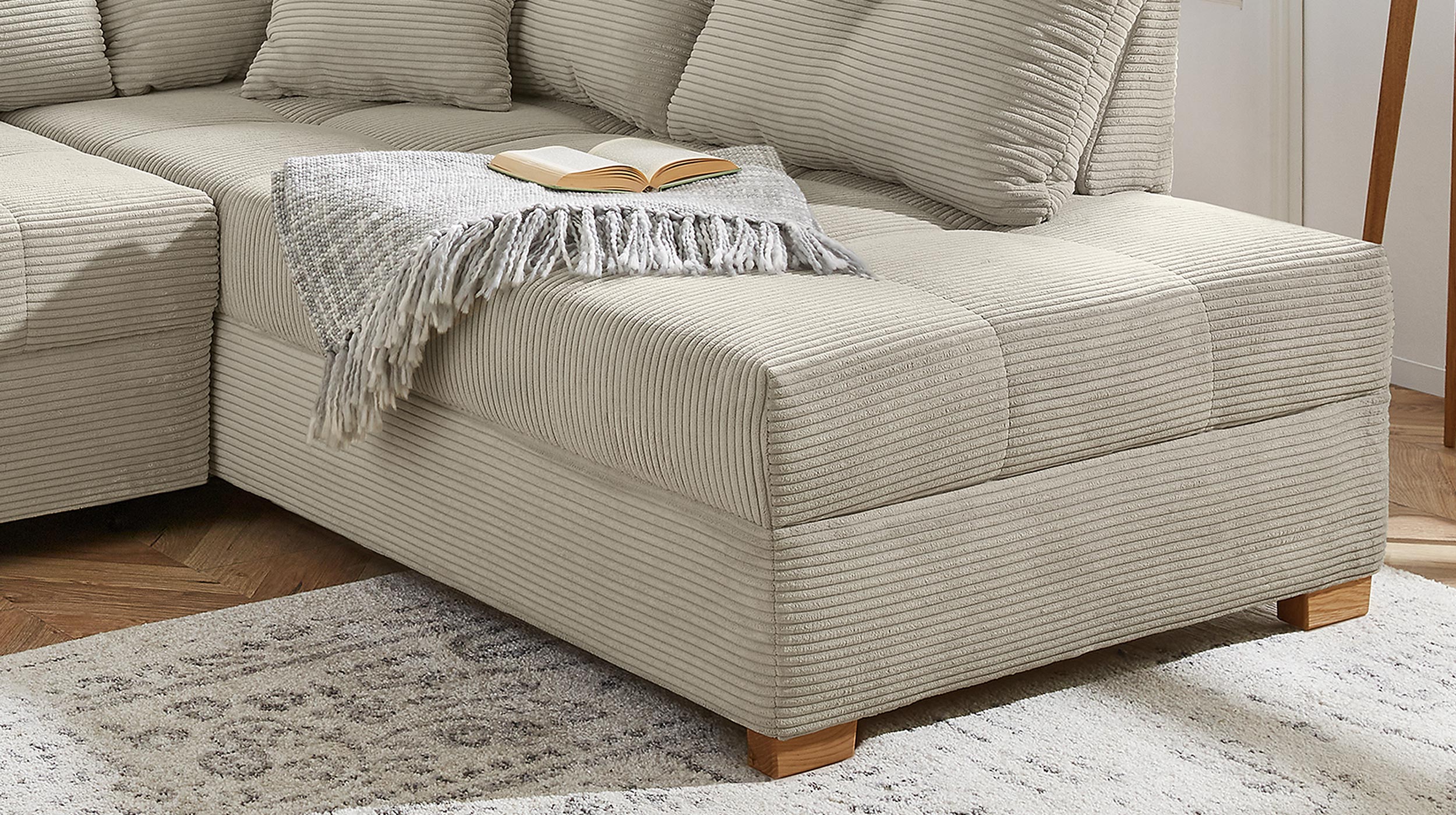 Ecksofa Cord grau - Schlaffunktion Bettkasten 228 cm - HEIDELBERG