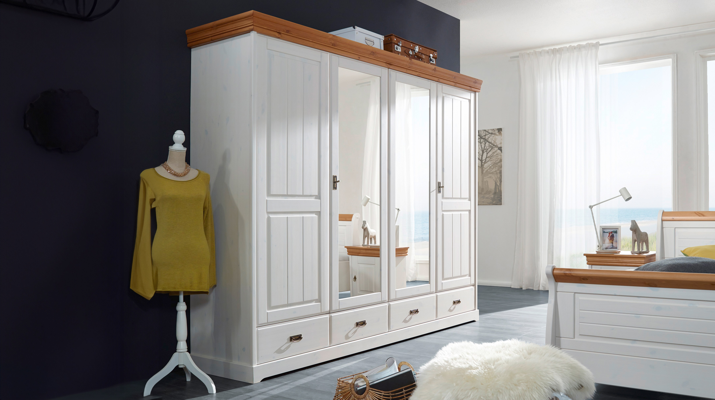 Kleiderschrank Spiegel - Kiefer Massivholz weiß - 255 cm - MATILDA