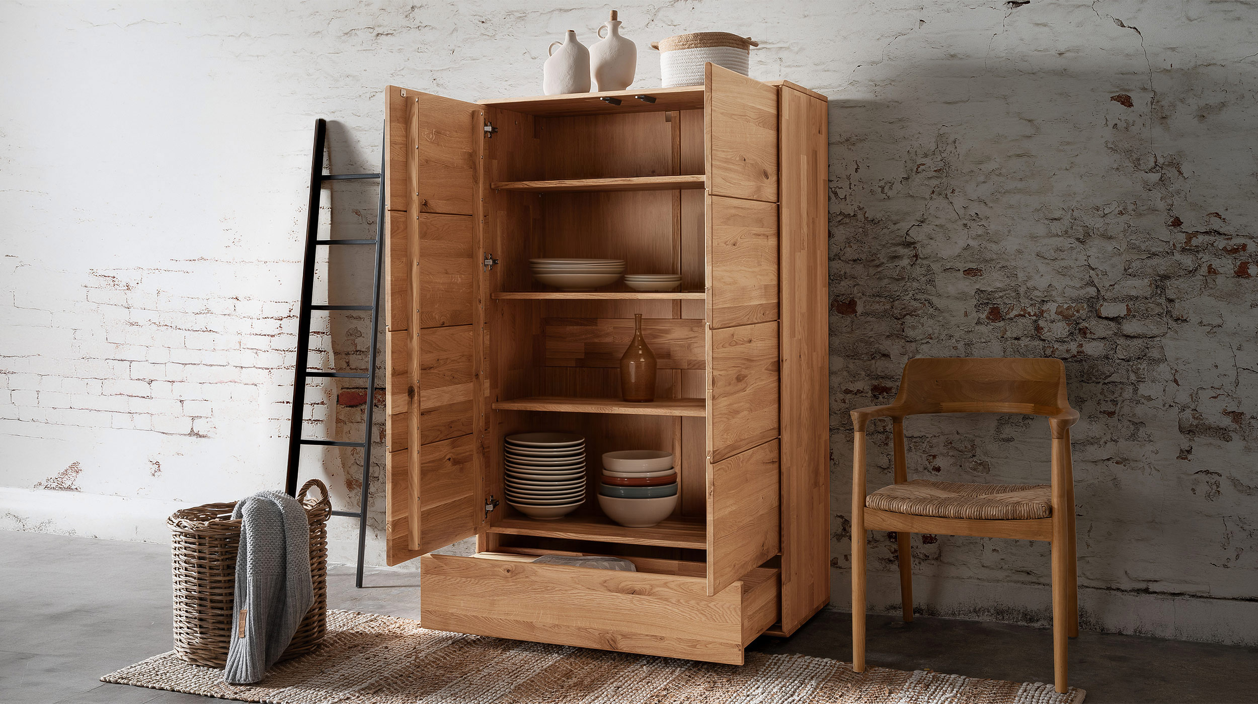 Highboard mit Schublade Wildeiche massiv geölt 100 cm - SKOV 