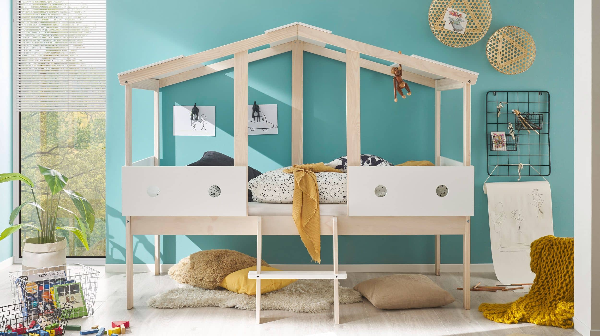 Hochbett 90 x 200 cm weiß - Kiefer massiv - Kinderbett - CORTINO