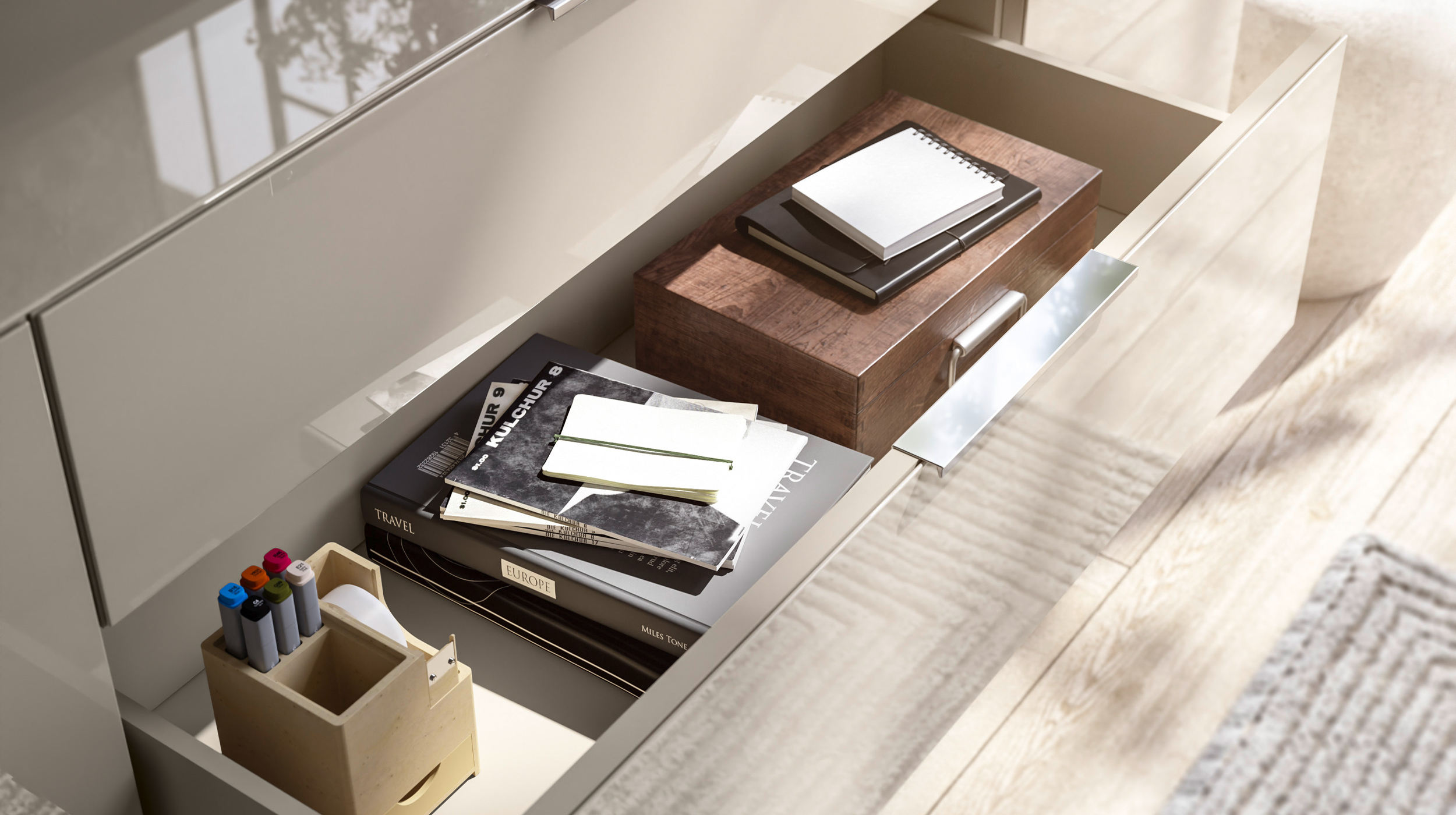 Kommode 4 Schubladen - beige - Glasfront - 135 cm - SANTORIN