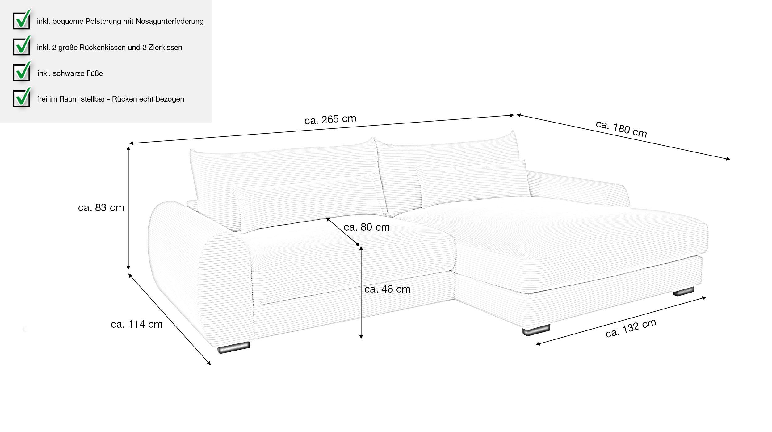 Ecksofa creme Cord 265 x 180 cm OT rechts - MARK