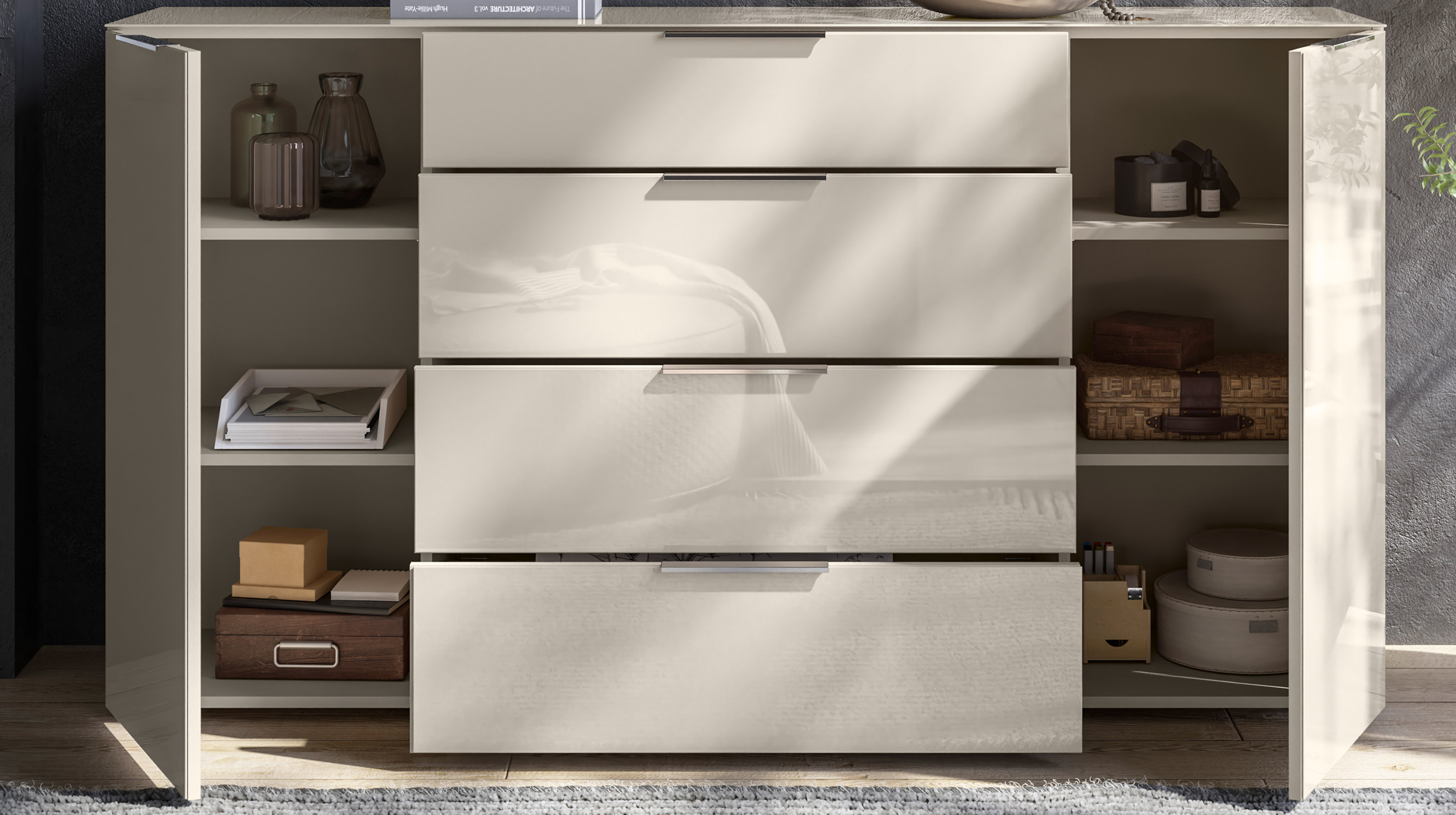 Sideboard 4 Schubladen - beige - Glasfront - 180 cm - SANTORIN