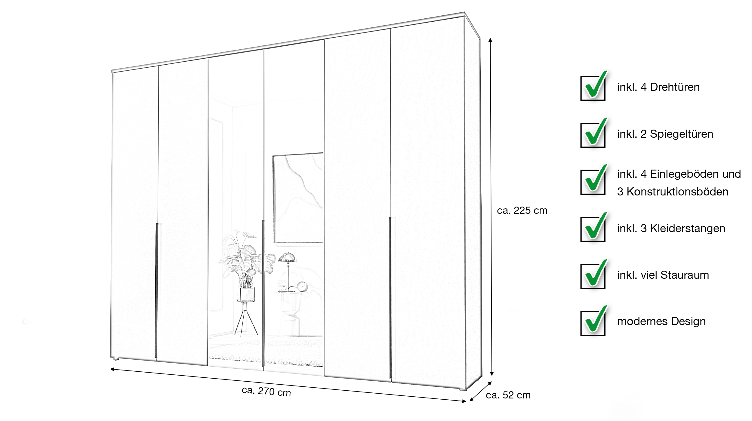 Kleiderschrank mit Spiegel 270 cm graphit - 6-türig - KEVO