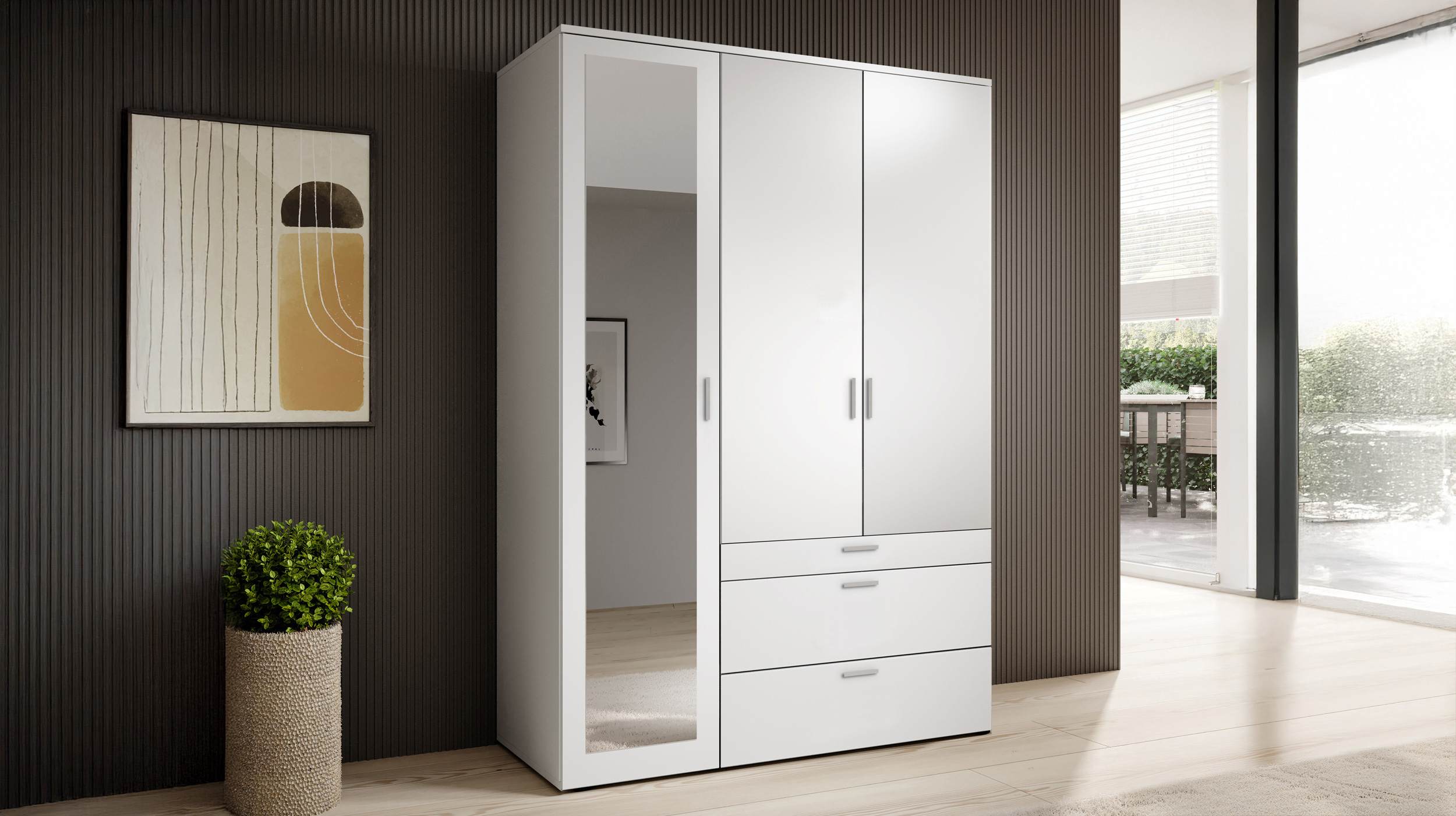 Kleiderschrank weiß mit Spiegel - 135 cm - 3-türig - VESALA