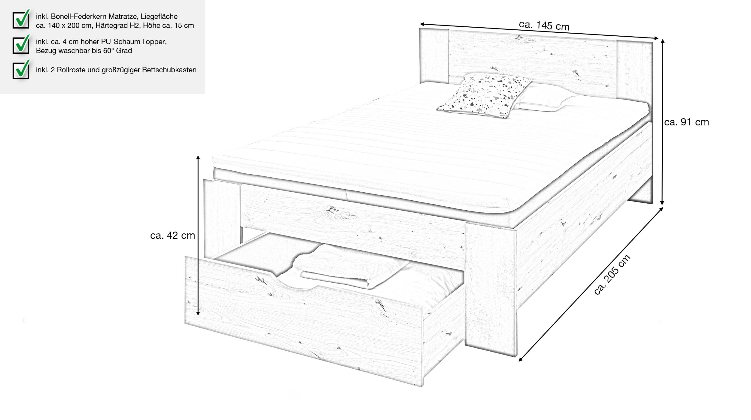 Jugendbett 140 x 200 cm Old Style mit Bettkasten - MARTIN