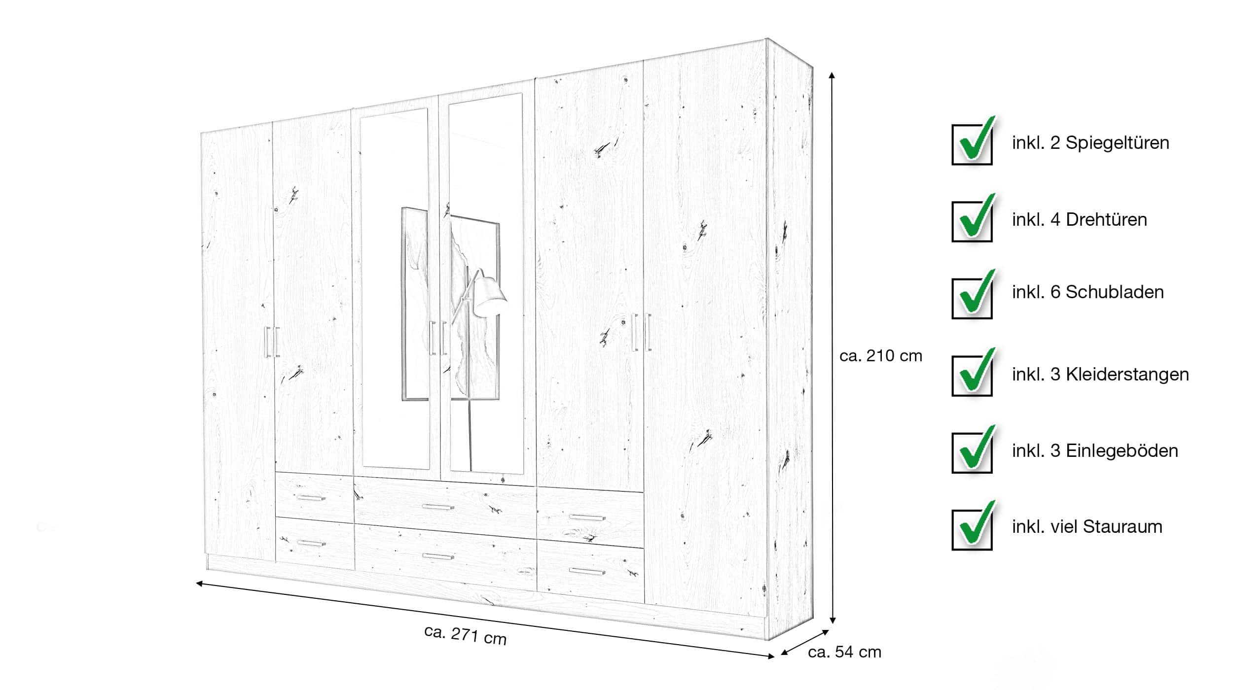 Kleiderschrank Artisan Eiche mit Spiegel - 271 cm - 6-türig - ELVA