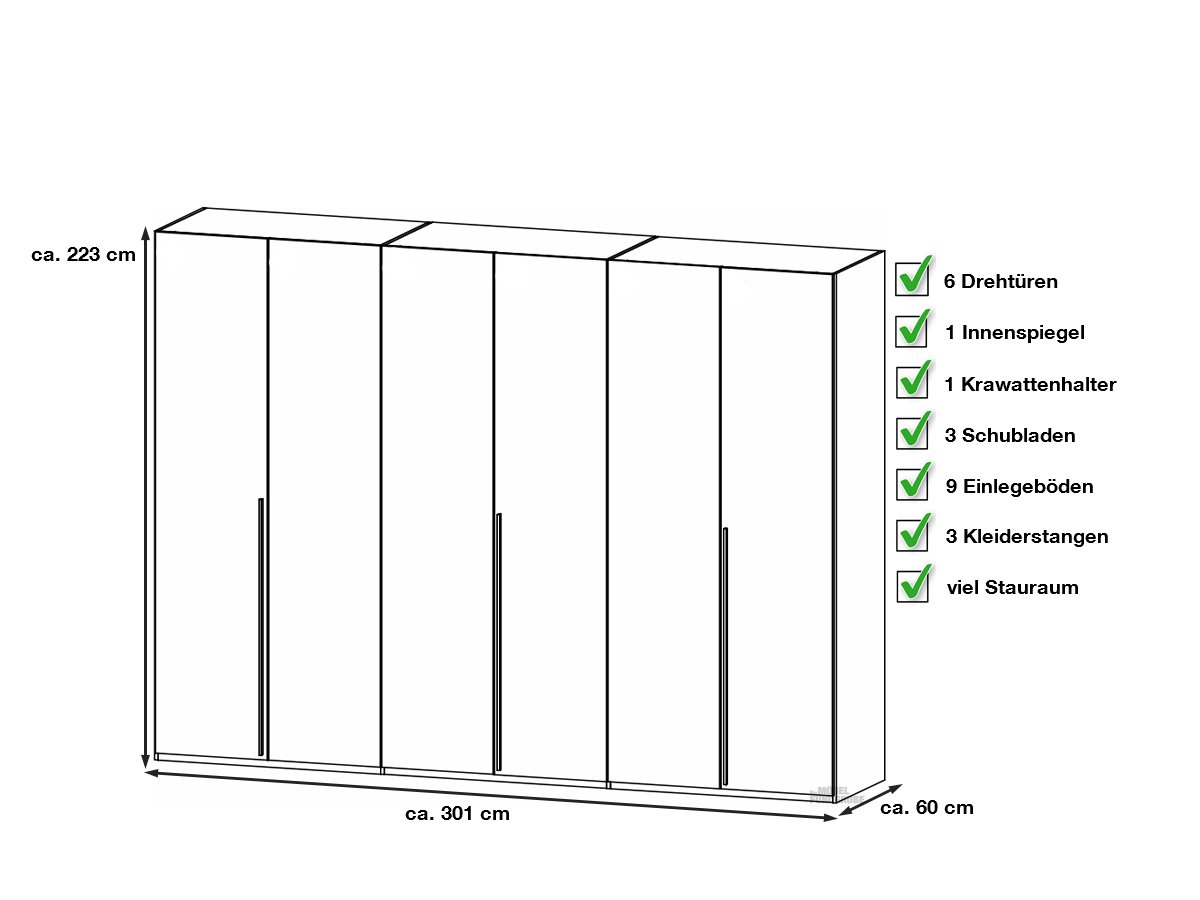 Kleiderschrank weiß - Innenspiegel - 301 cm - rauch - MONTCLAR