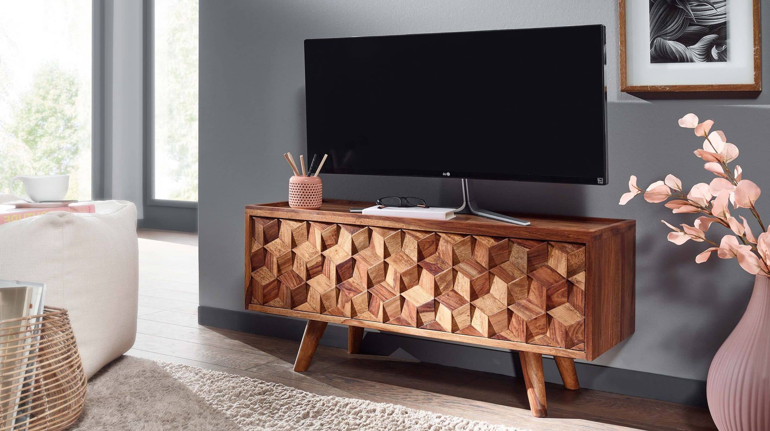 TV-Lowboard Sheesham massiv lackiert 92 cm - THIRDA 