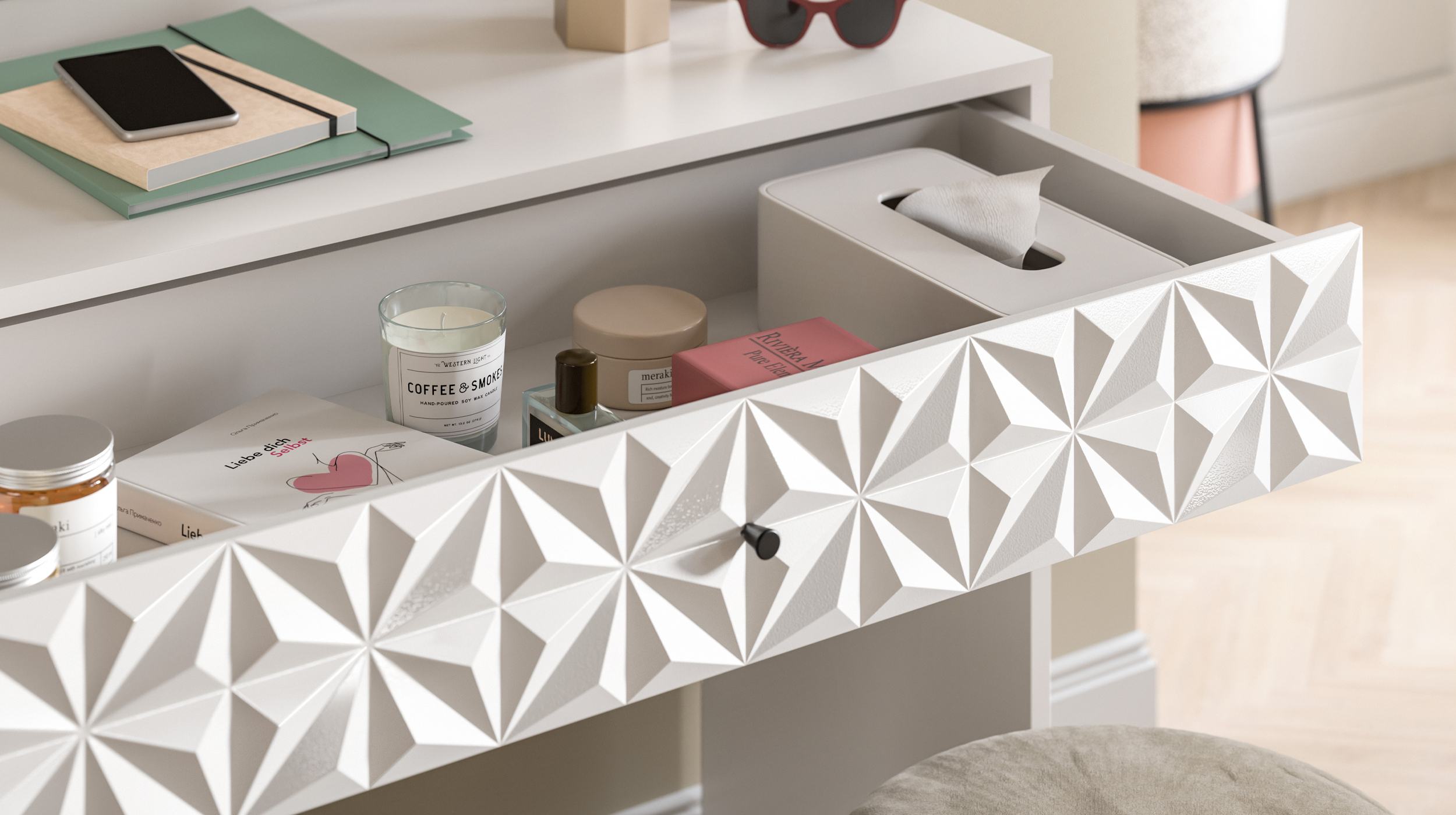 Schminktisch weiß hochglanz 117 cm - mit Spiegel - PRISMA