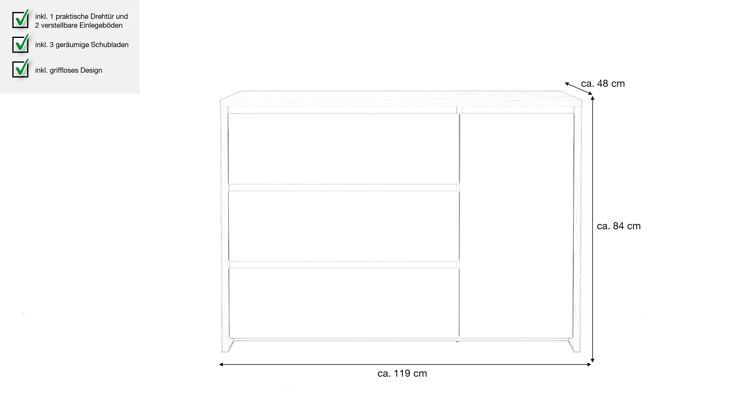 Kommode weiß hochglanz - Jackson Hickory 119 cm x 48 cm - NEXT