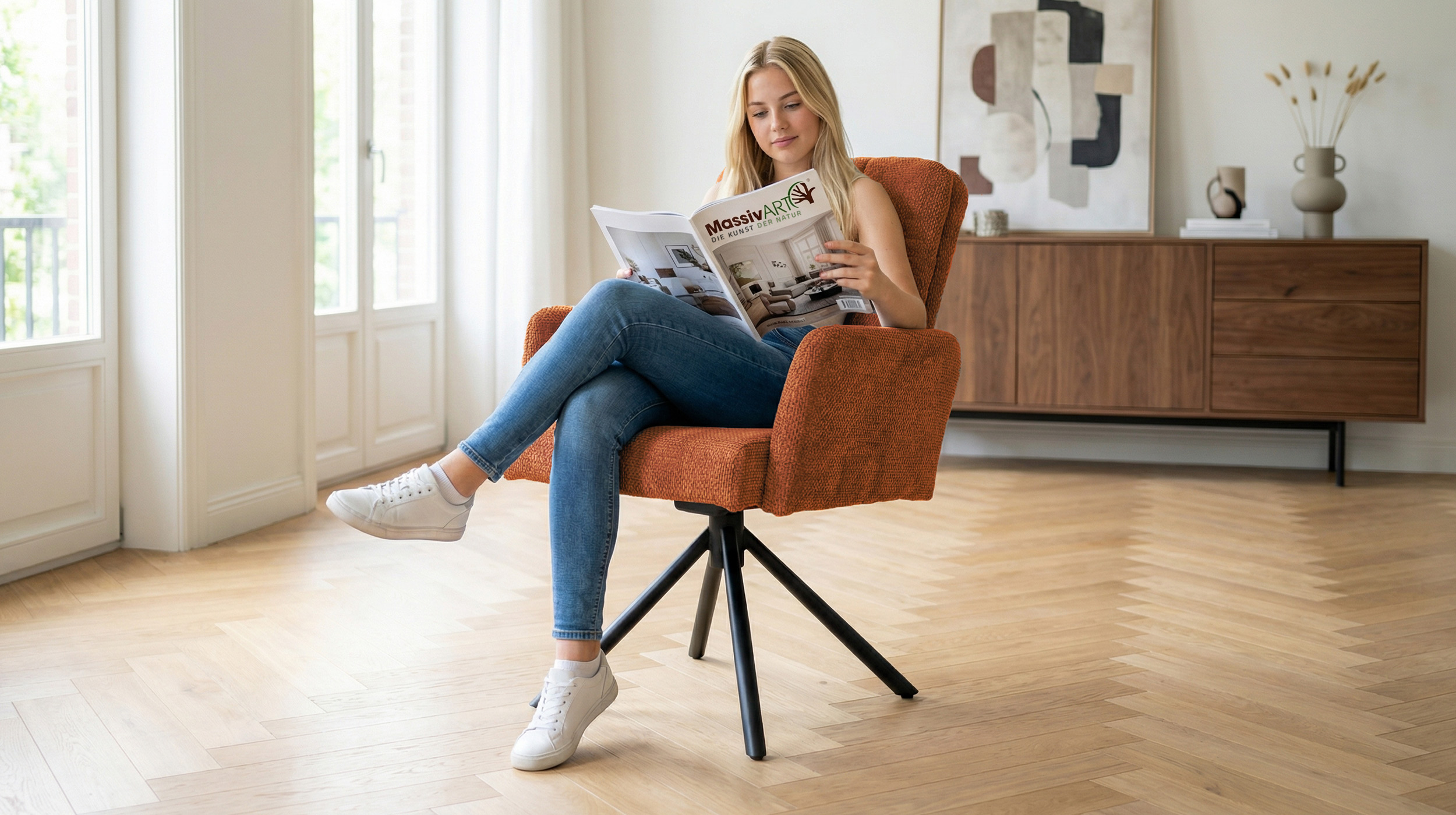 Armlehnstuhl orange Drehstuhl Taschenfederkern Chenille - HEDIA