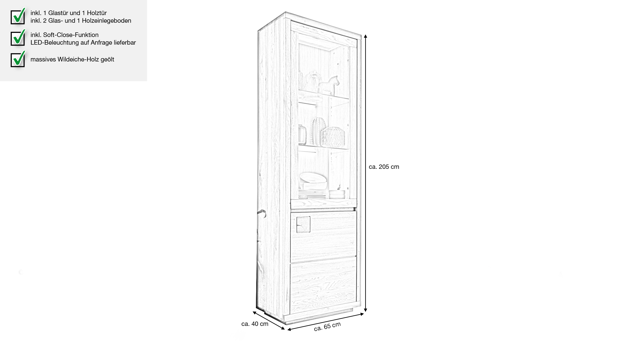 Vitrine mit Glastür Wildeiche massiv geölt Breite 65 cm - GIRONA Vitrine mit Glastür Wildeiche massiv geölt Breite 65 cm - GIRONA
