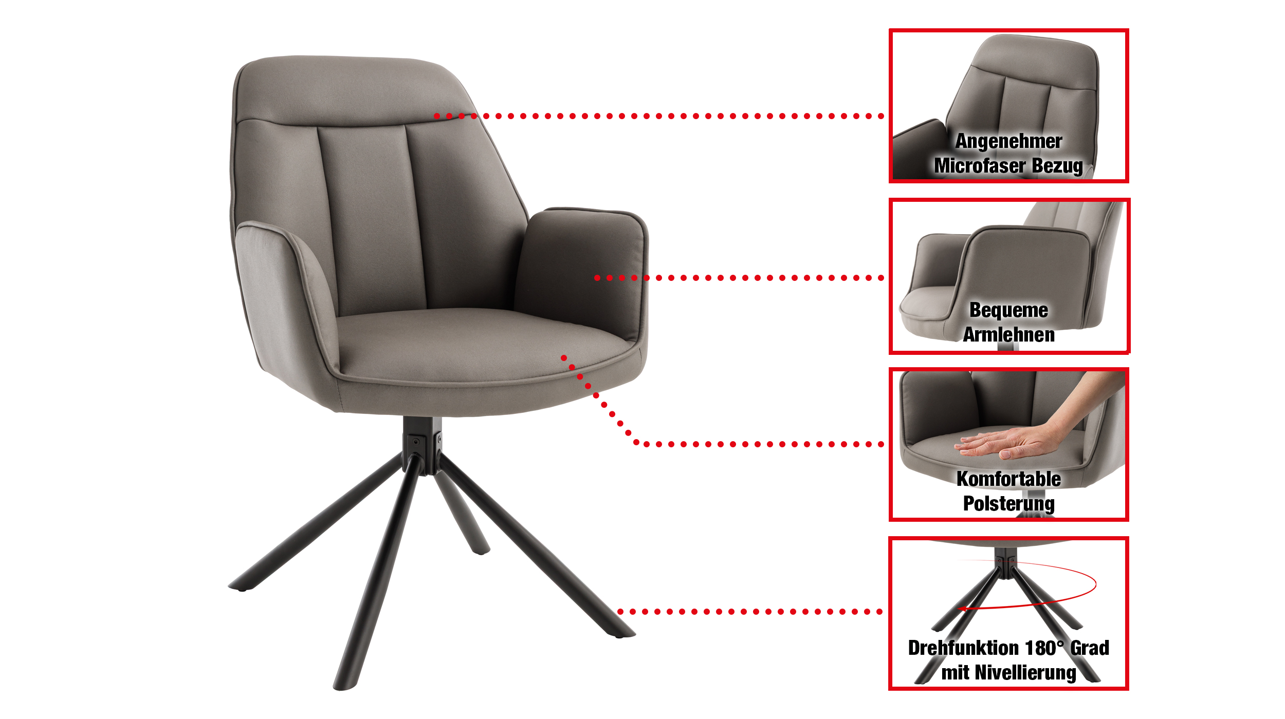 Armlehnstuhl anthrazit Drehstuhl Microfaser - RAFAELA