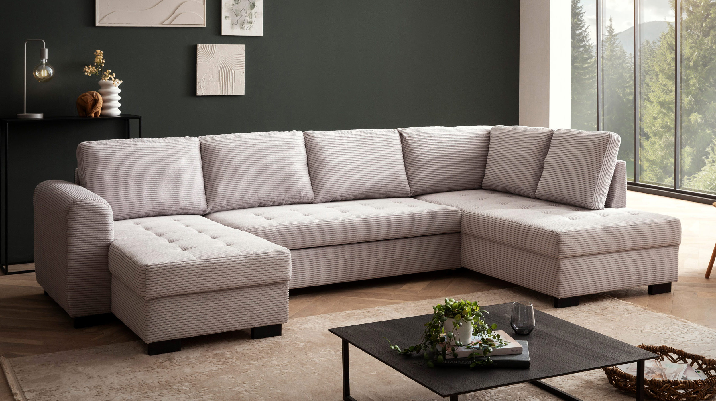 Wohnlandschaft Cord Schlaffunktion grau Bettkasten 305 cm - MALTE