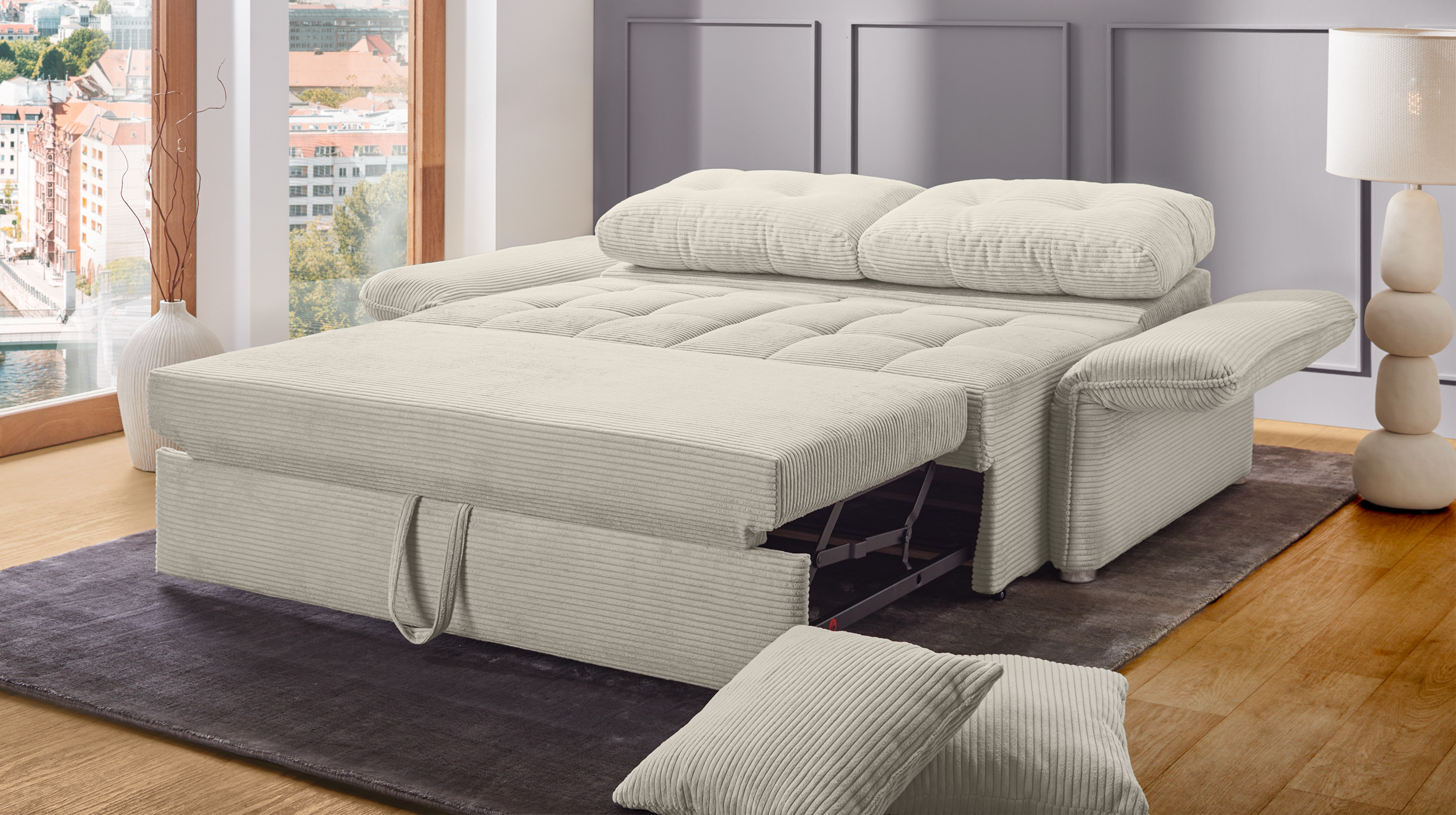 Schlafsofa Cord beige ausziehbar 167 x 105 cm - LEON