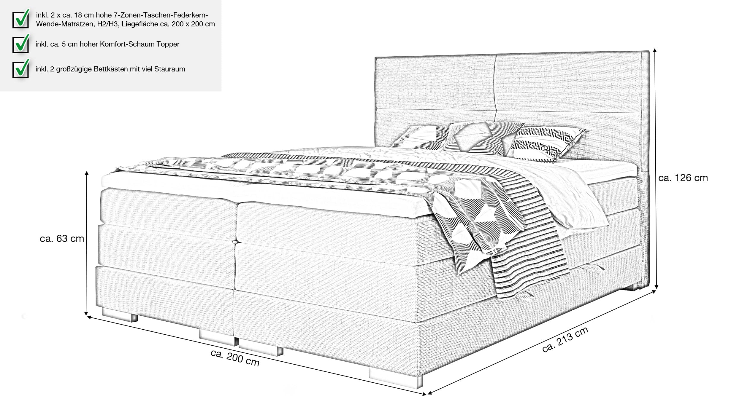Boxspringbett 200 x 200 cm grau - Bettkasten - MANDEWILLA
