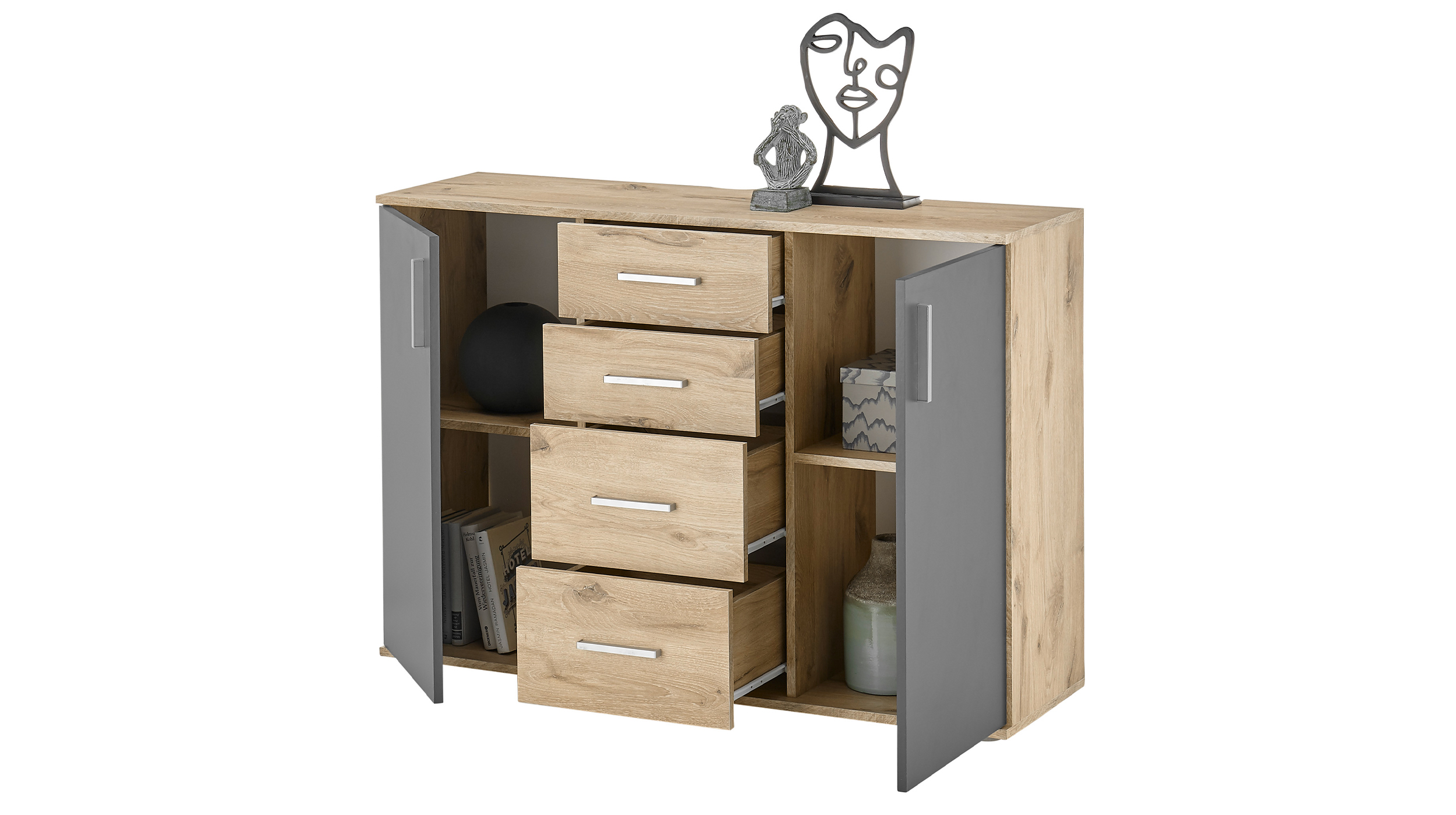 Kommode Viking Oak - grau 120 x 84 cm 4 Schubladen - BOBBY