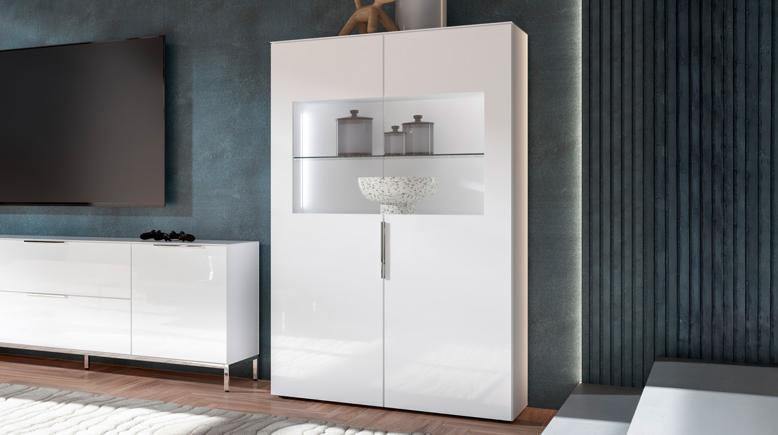 Vitrine mit Beleuchtung weiß - Glasfront - Breite 90 cm - SANTORIN