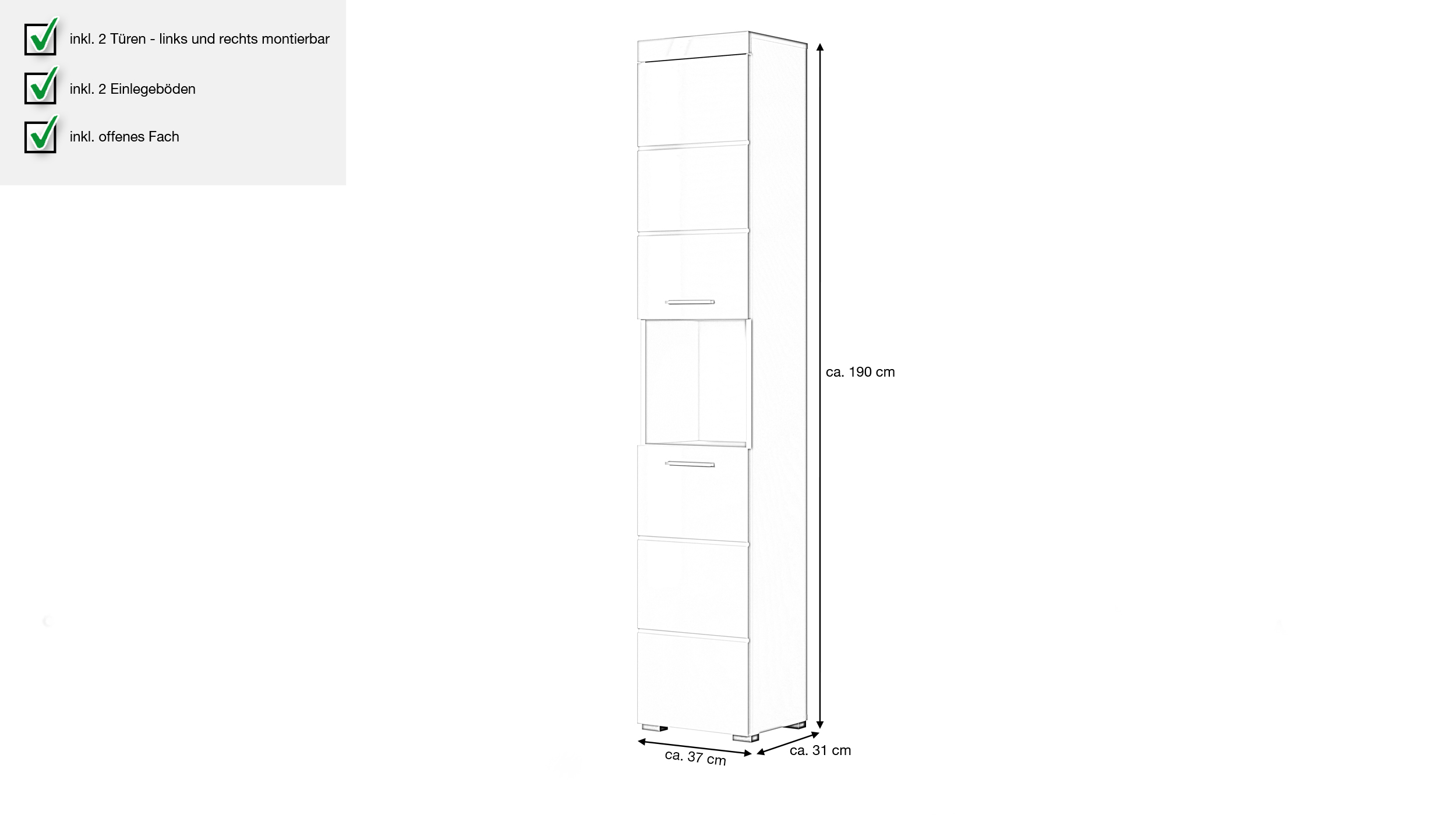Bad Hochschrank weiß hochglanz 2 Türen 37 cm - AMANDA