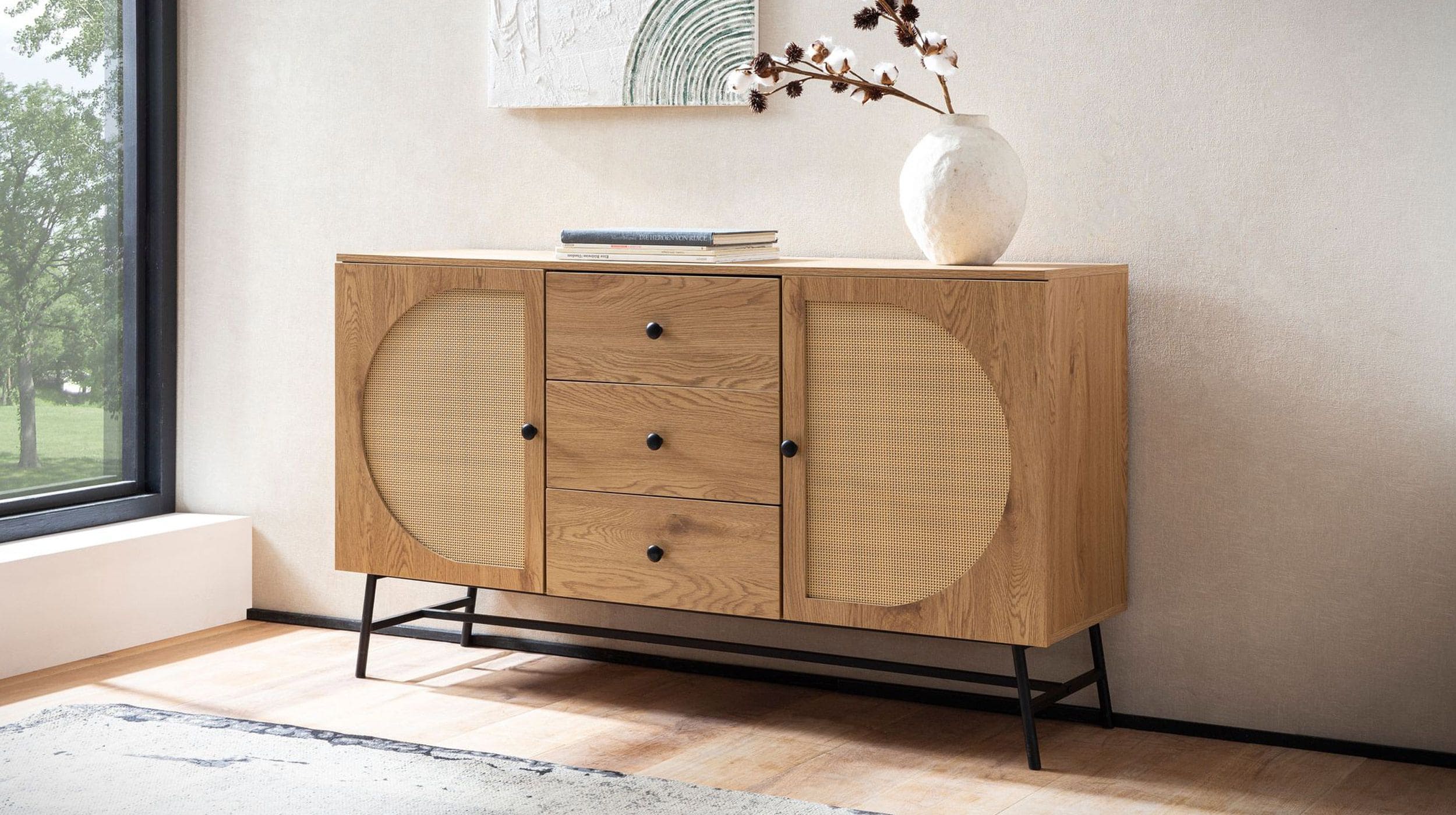 Sideboard mit 3 Schubladen Eiche - Rattan 140 cm - RATVAN
