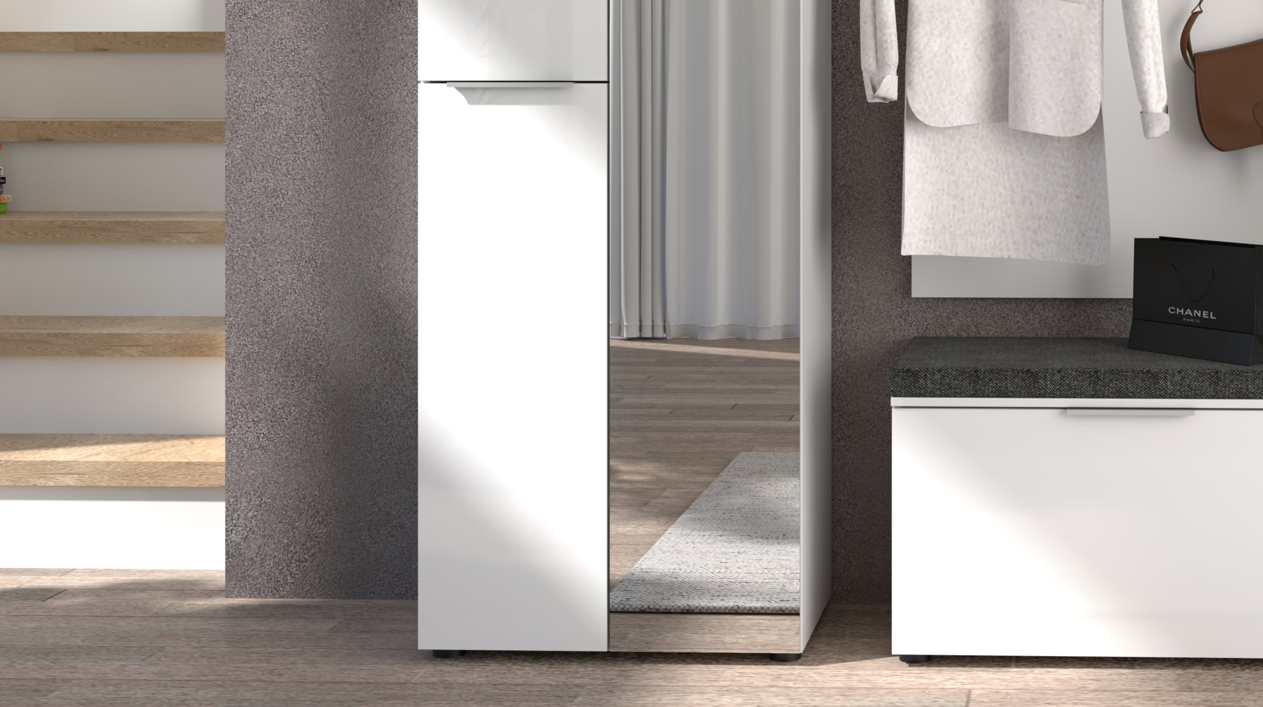Garderobenschrank Spiegel weiß Glasfront 65 cm - SANTORIN