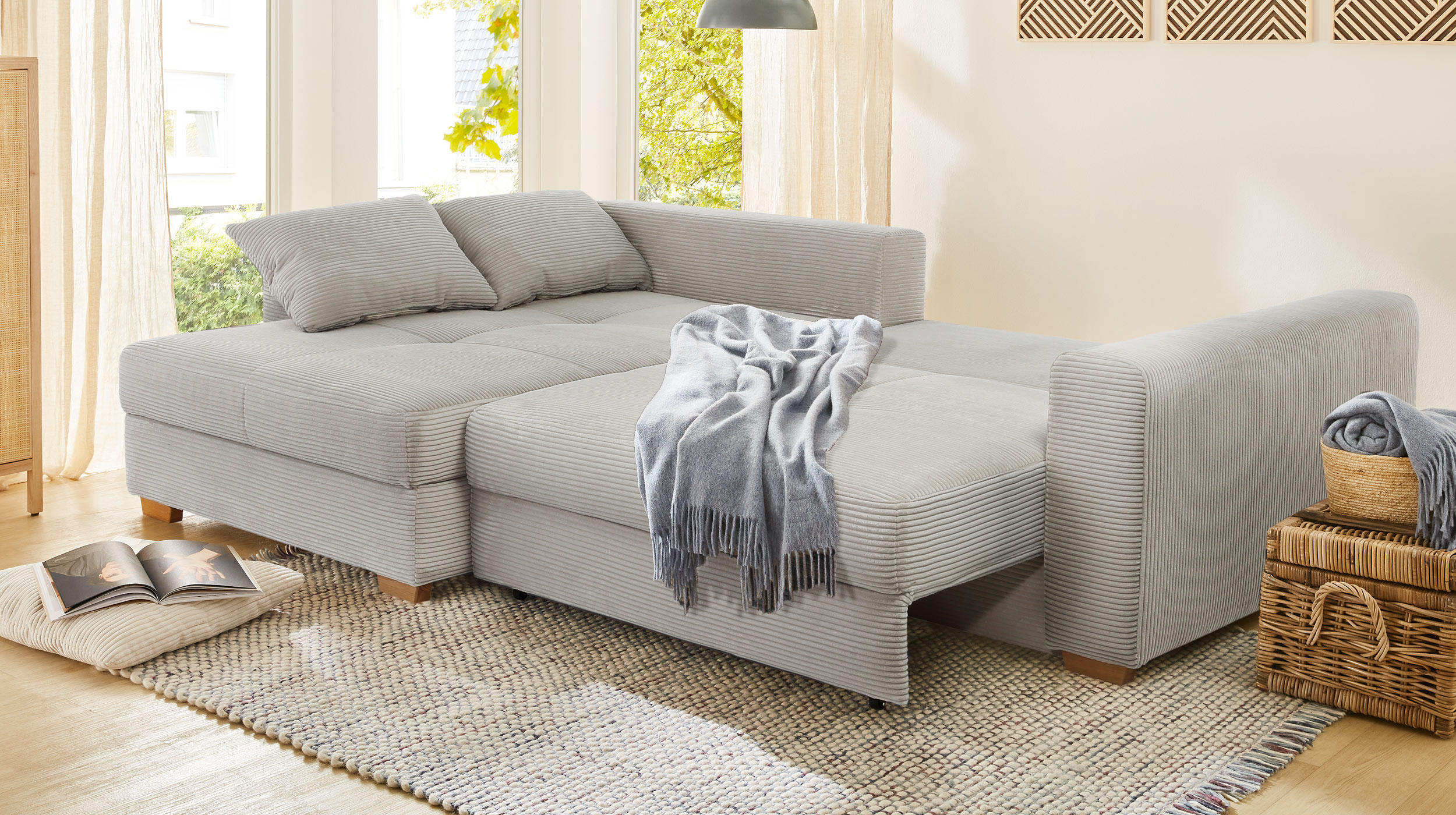 Ecksofa Cord grau-beige Schlaffunktion Bettkasten 288 x 186 cm - KAMPEN