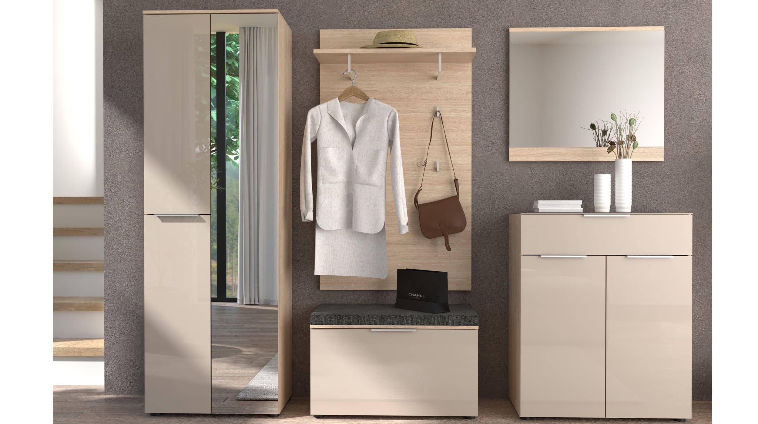 Garderoben-Set beige Glasfront Eiche 255 x 196 cm - SANTORIN