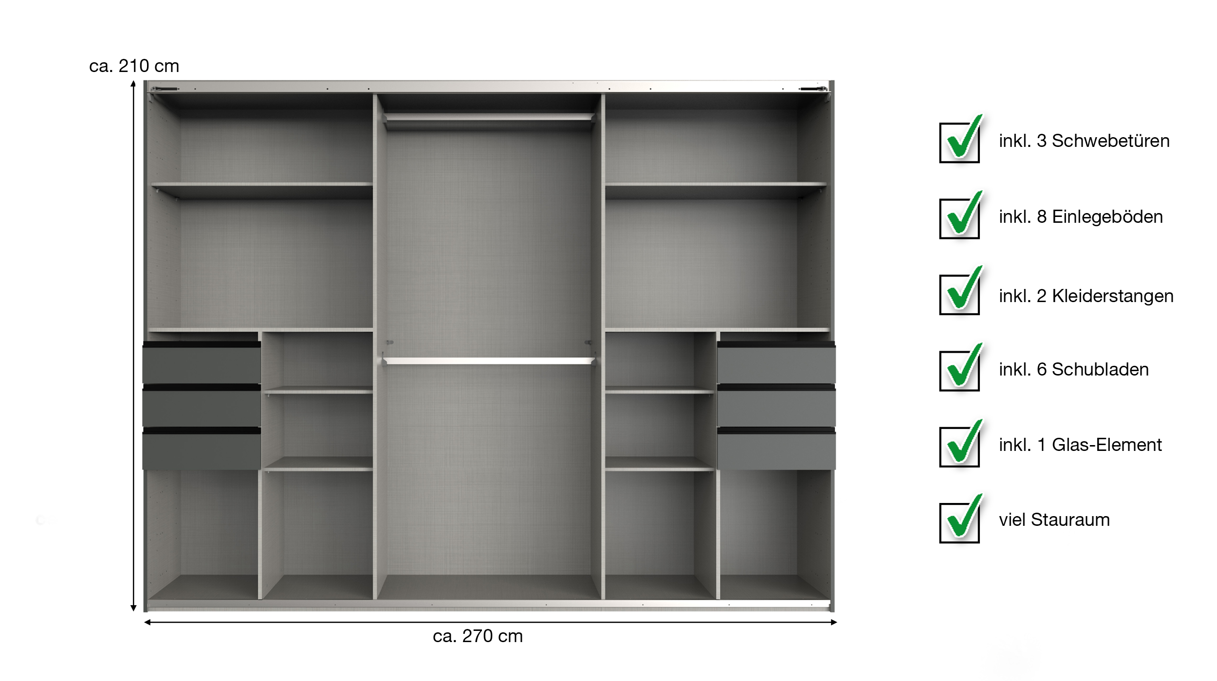 Schwebetürenschrank schwarz mit Glasfront - 270 cm - SAIGON