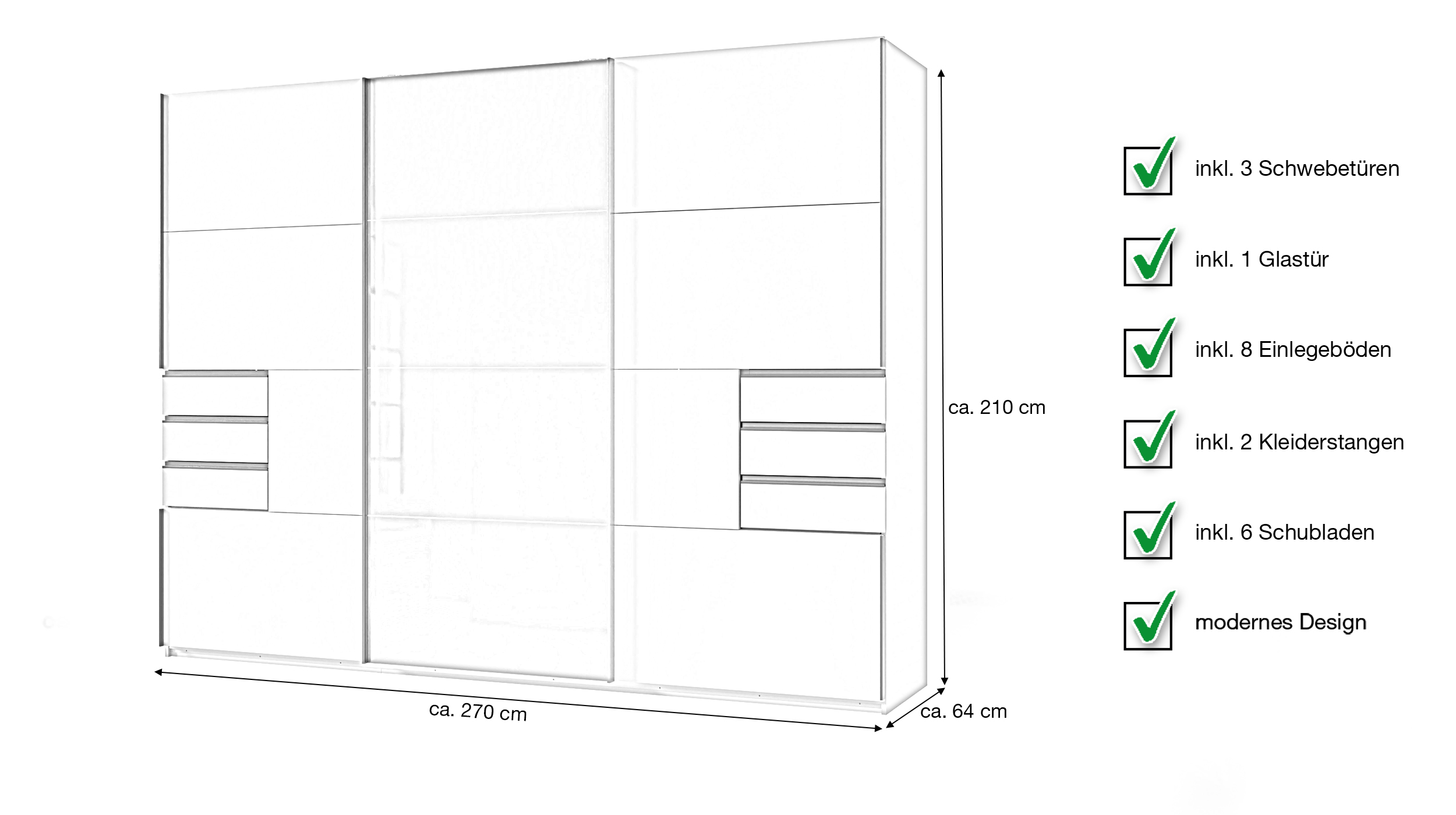 Schwebetürenschrank schwarz mit Glasfront - 270 cm - SAIGON