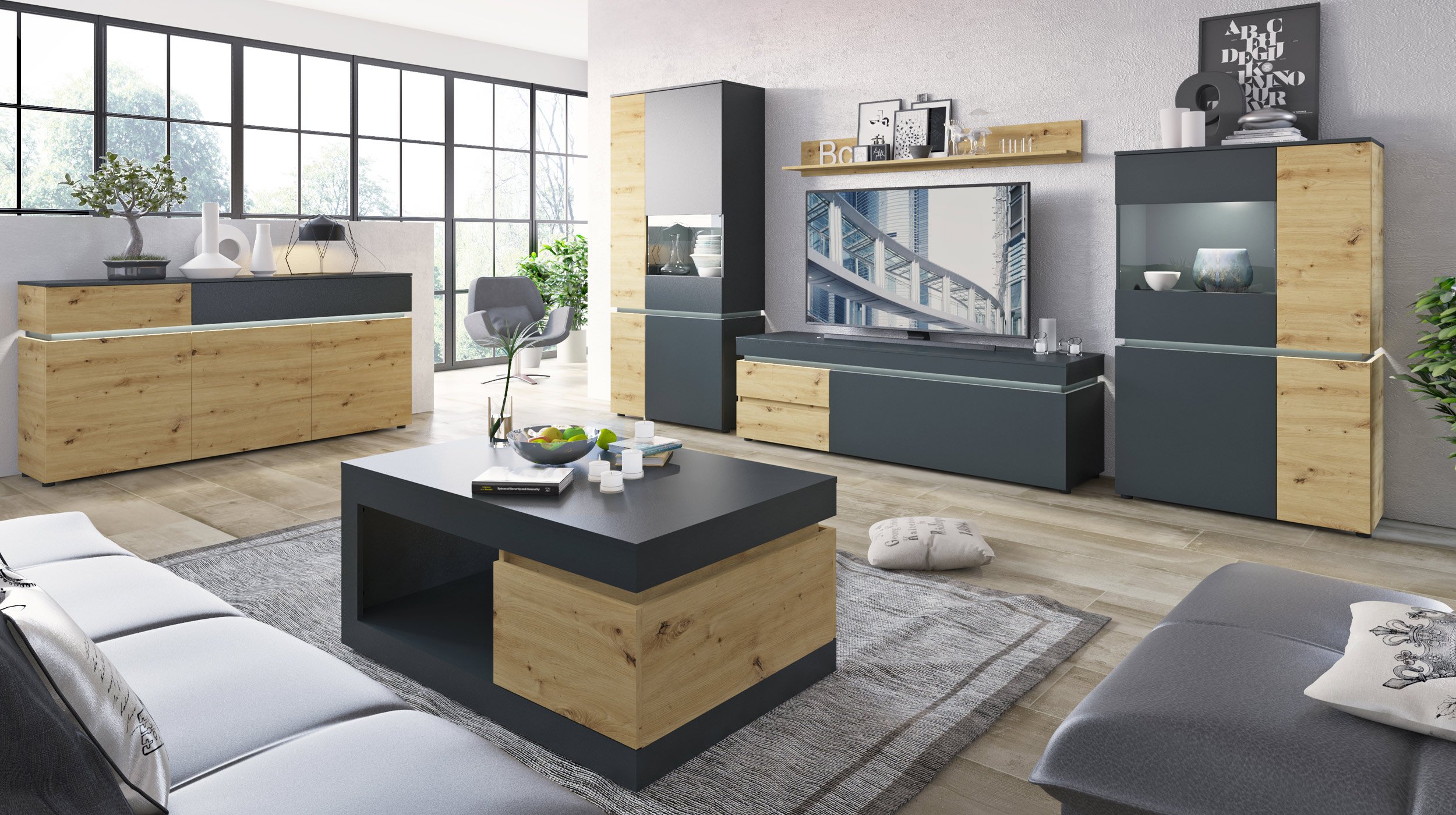 Vitrine mit Beleuchtung Artisan Eiche - grau B 90 x H 146 cm - LUCI