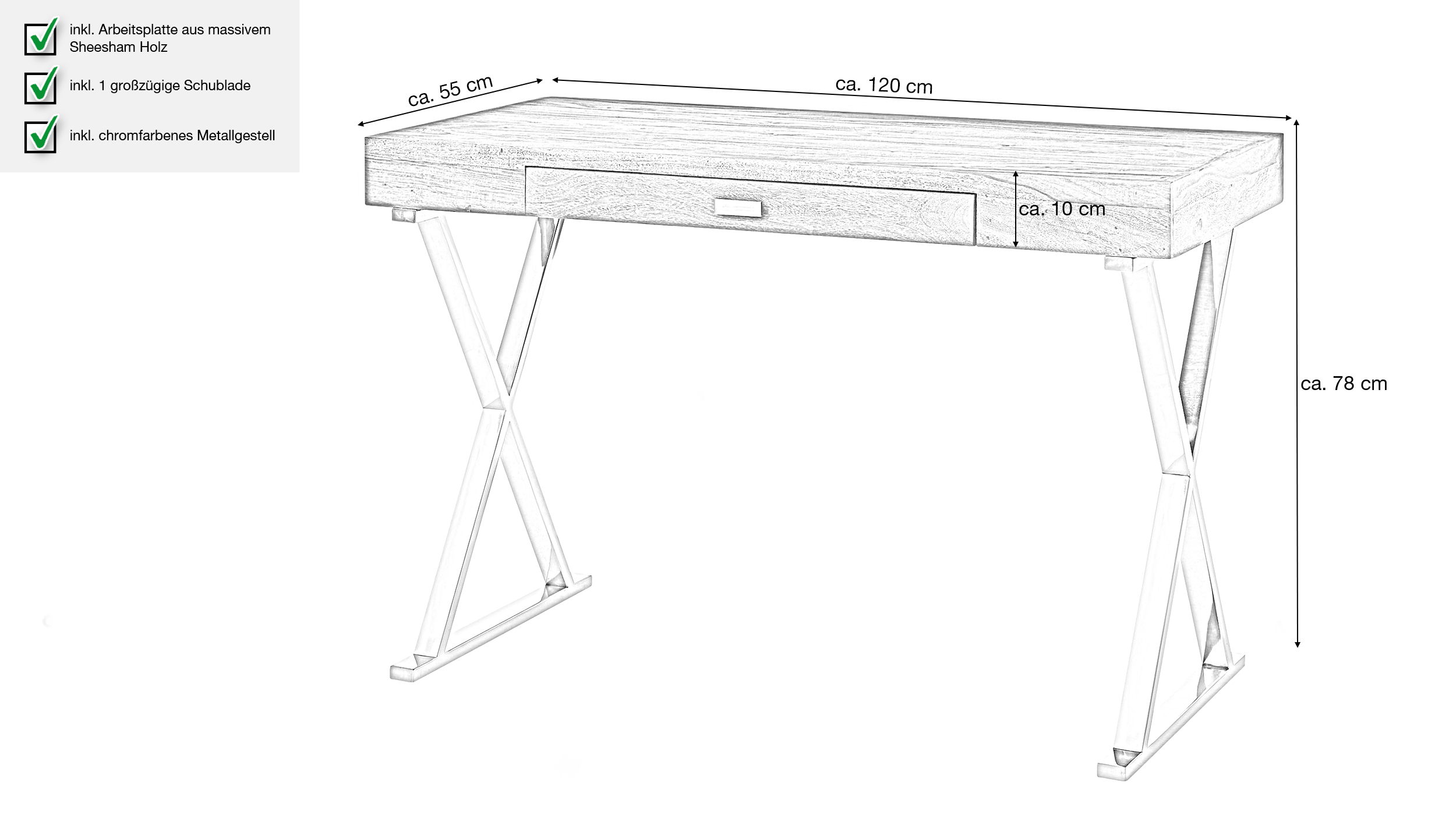 Schreibtisch mit Schublade Sheesham massiv - 120 cm - SOLVIG 