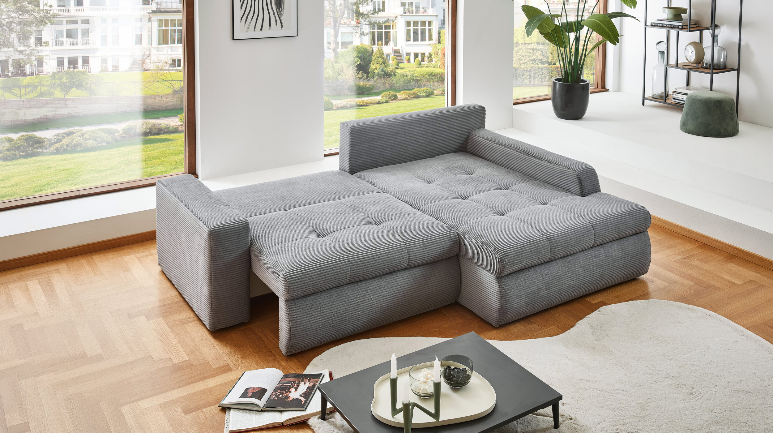 Ecksofa Cord Schlaffunktion Bettkasten grau 241 cm - OT rechts - LUNO