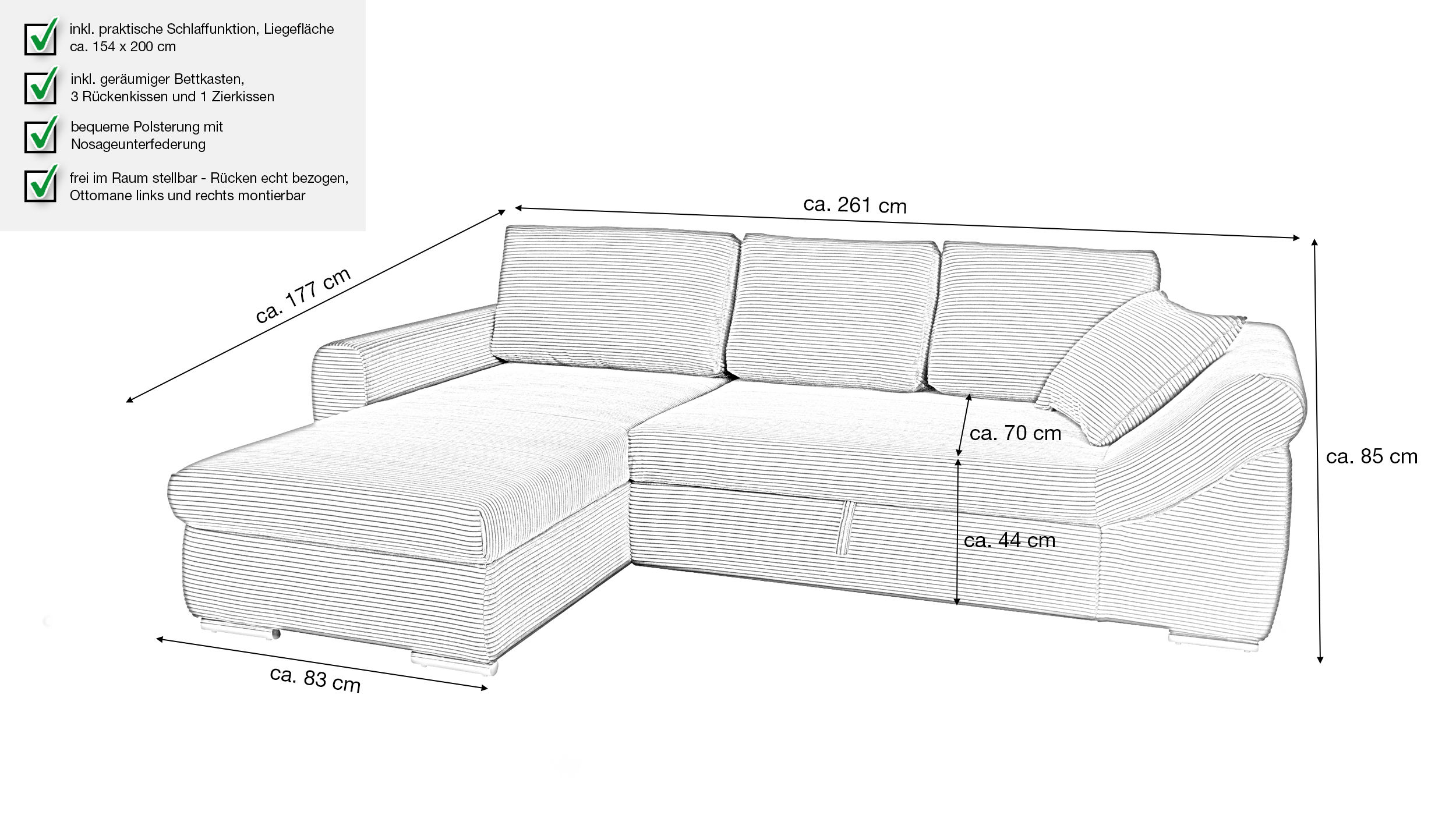 Ecksofa Schlaffunktion Bettkasten creme Cord 261 cm - RAMONA