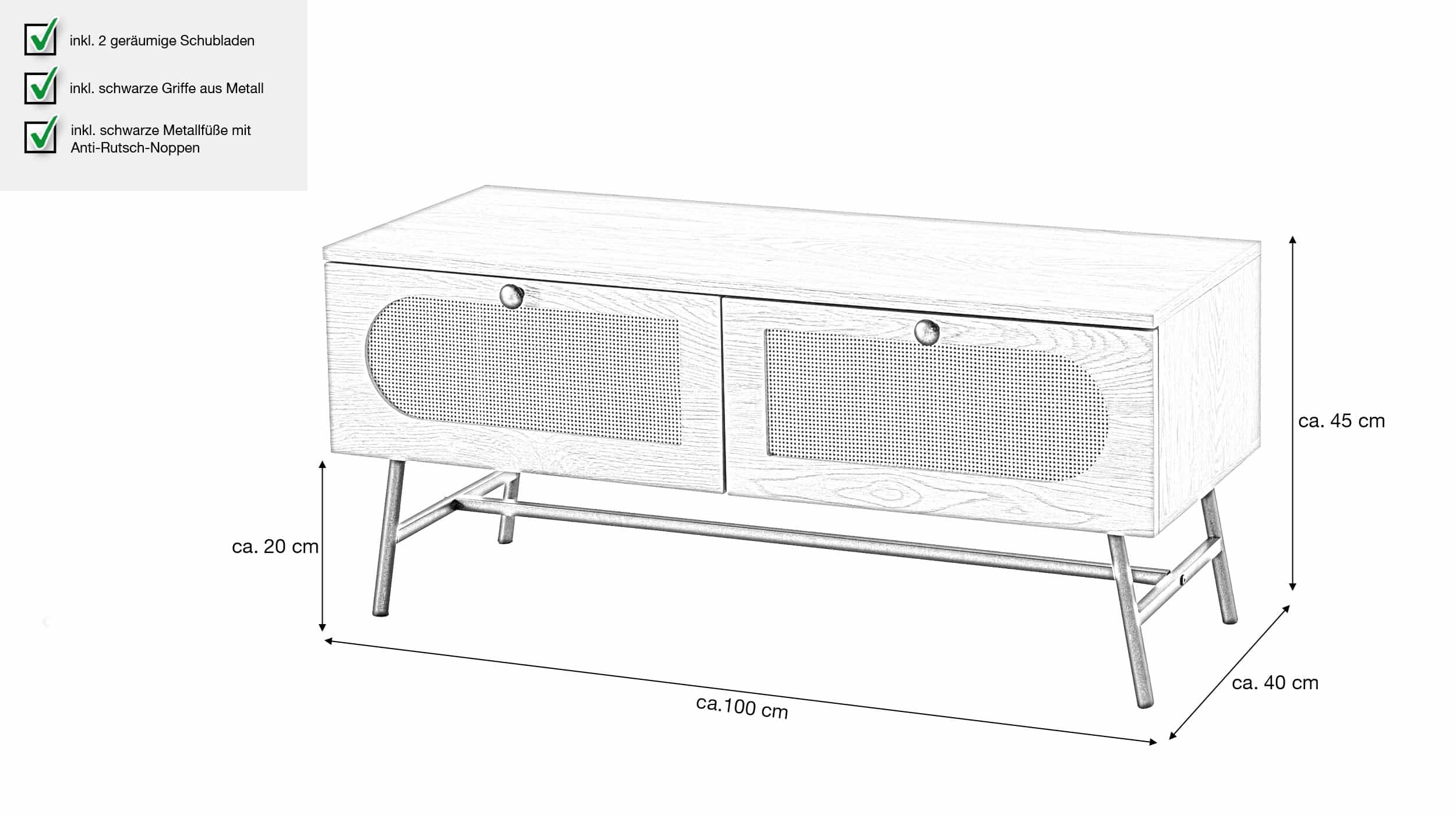 TV - Lowboard Eiche Holzdekor - Rattan 100 cm - RATVAN