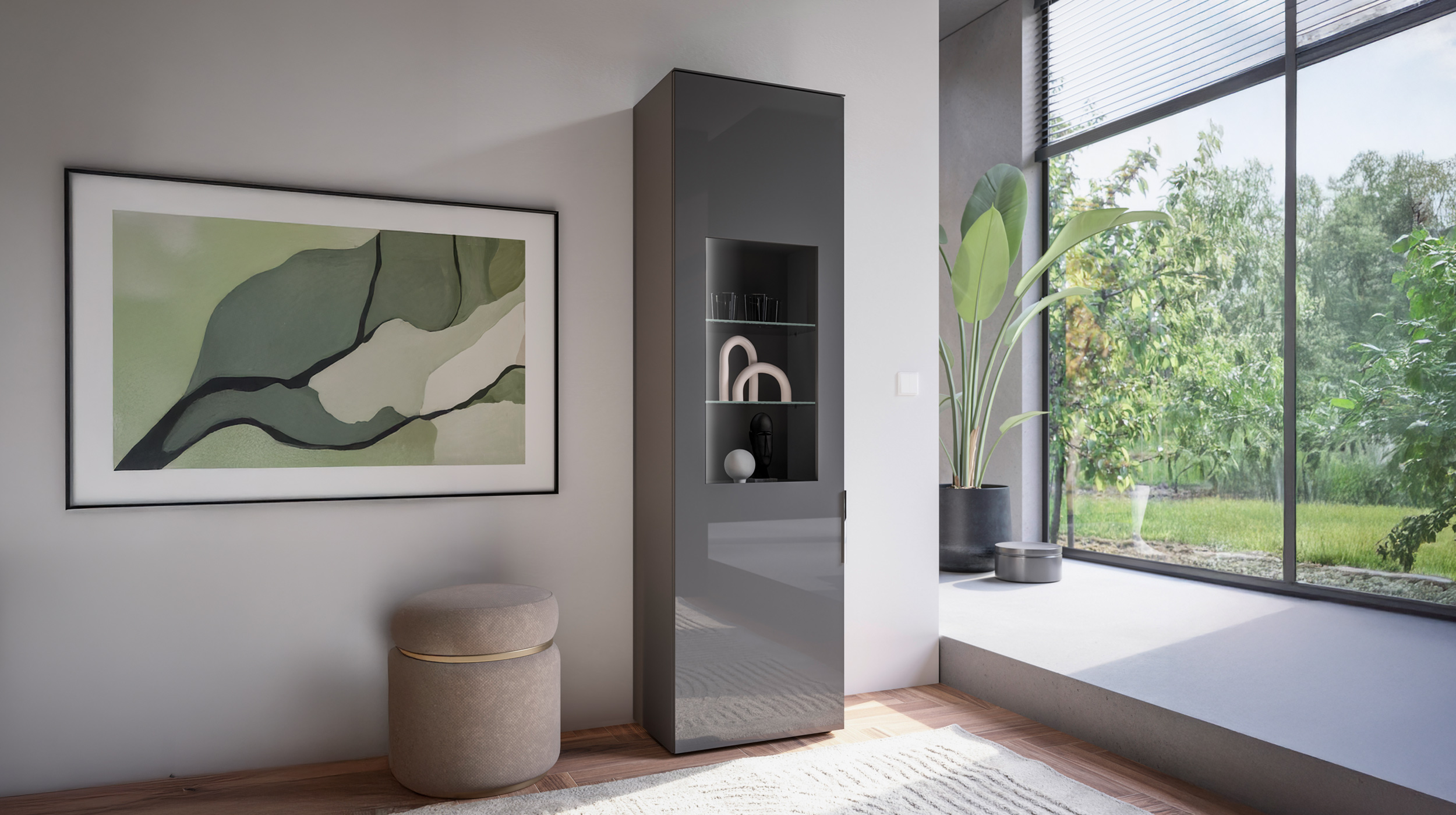 Vitrine mit Beleuchtung anthrazit - Glasfront - Breite 55 cm - SANTORIN