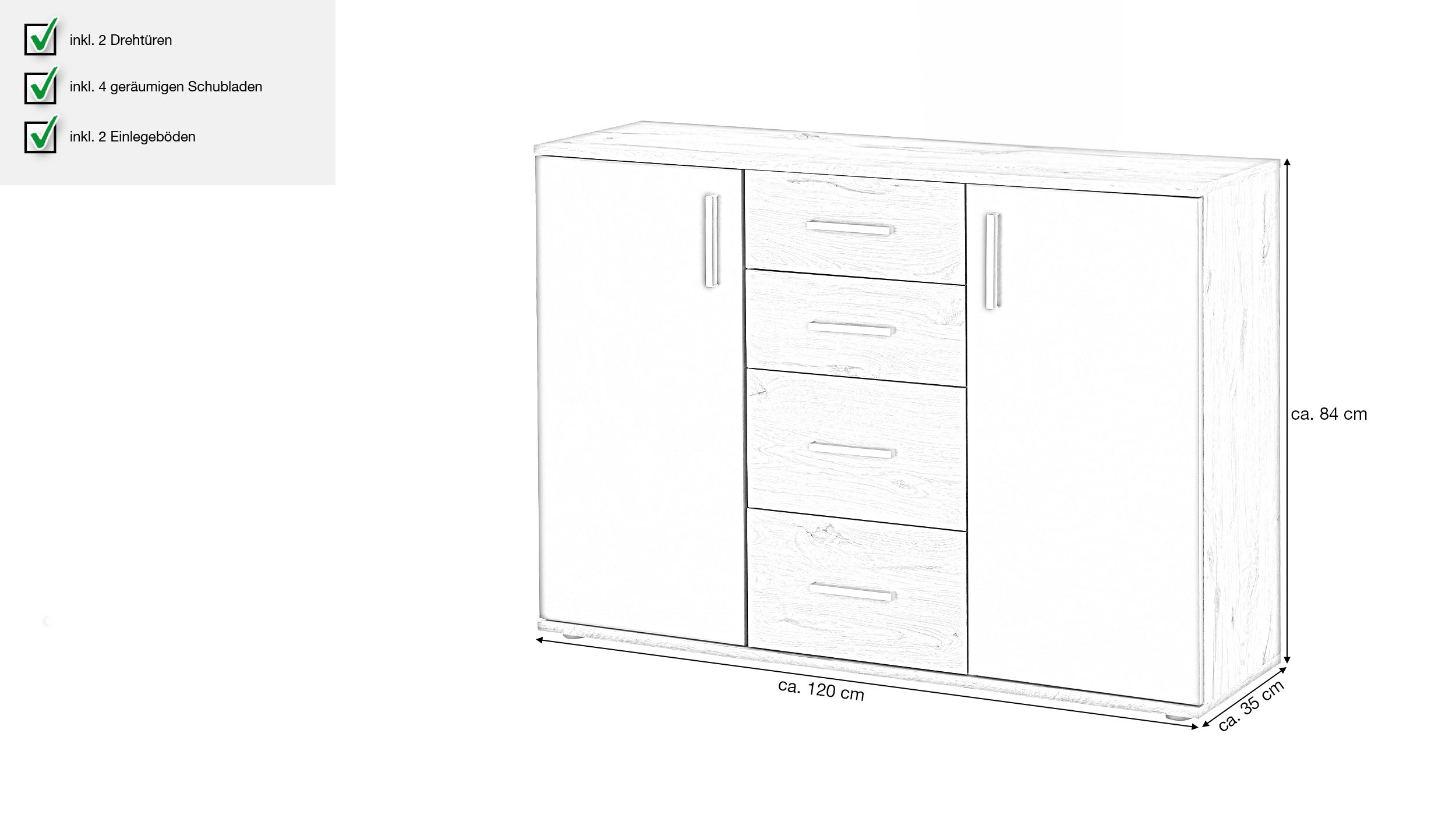 Kommode Viking Oak - grau 120 x 84 cm 4 Schubladen - BOBBY